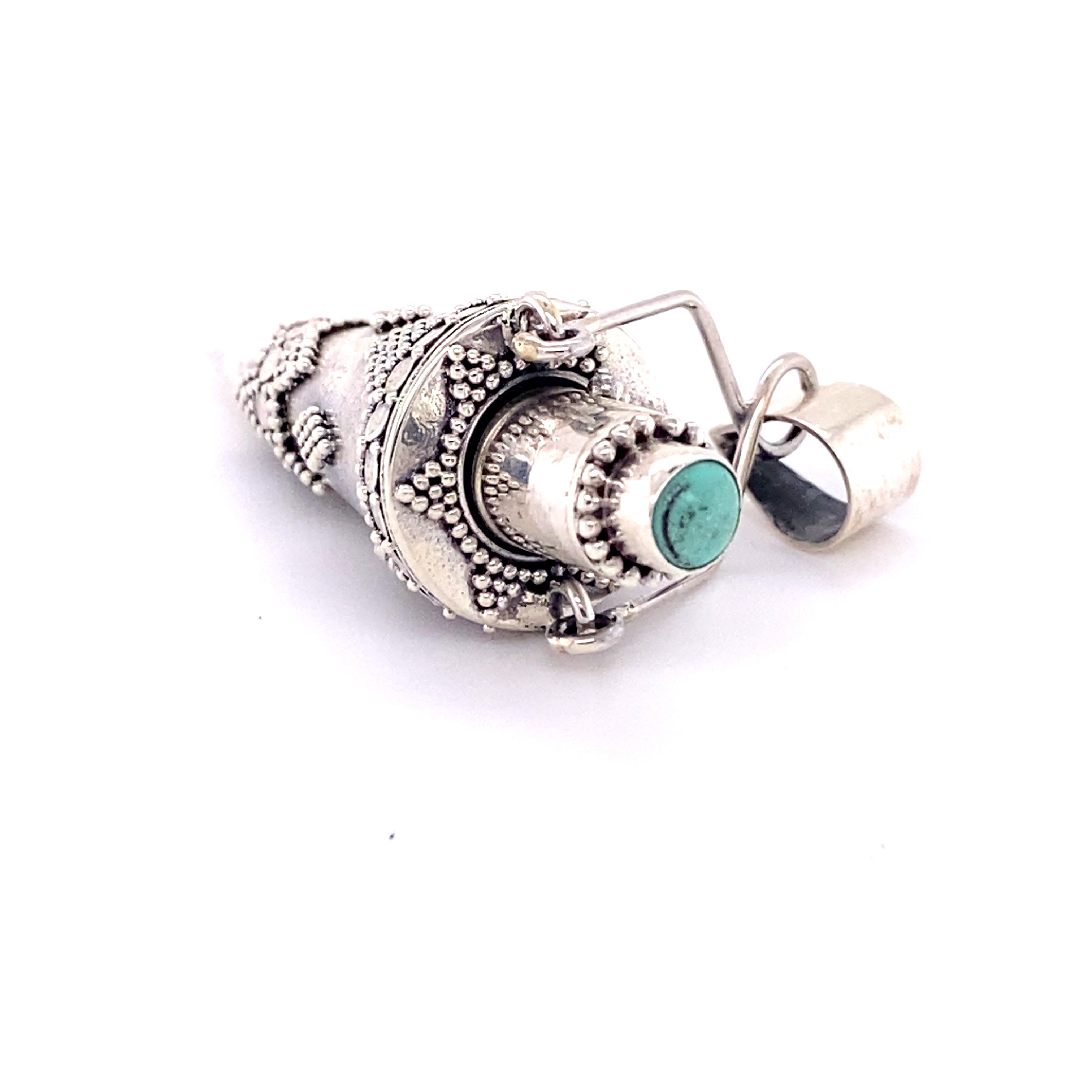 An Ornate Stone Poison Pendant with a turquoise gemstone, made by Super Silver.