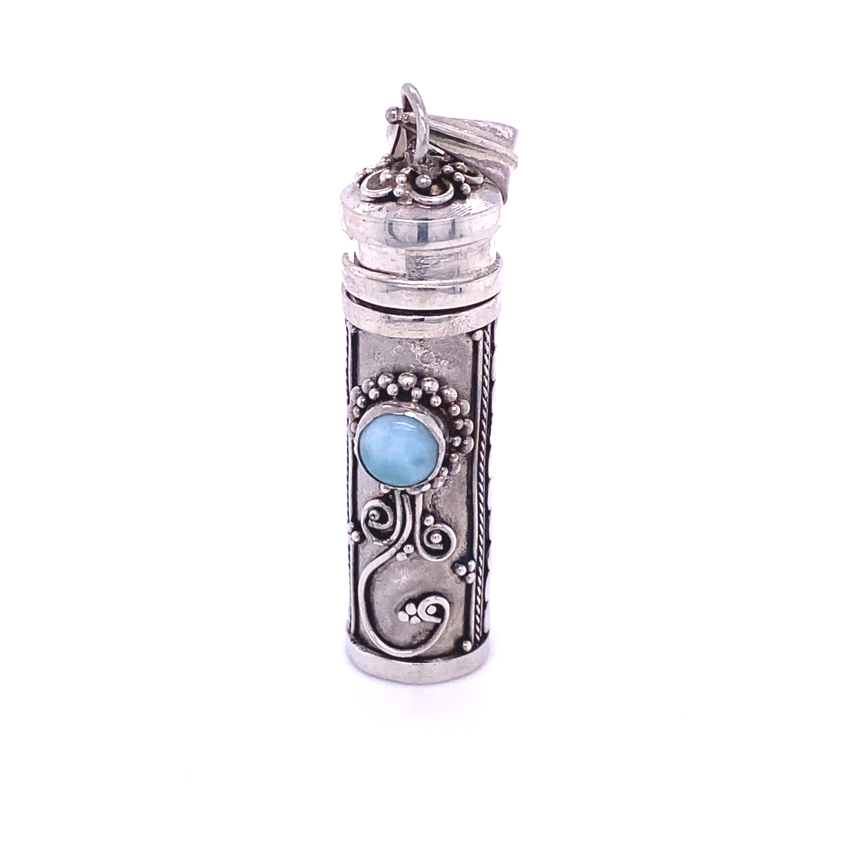 A Super Silver Larimar Prayer Box Pendant with a larimar stone inside.