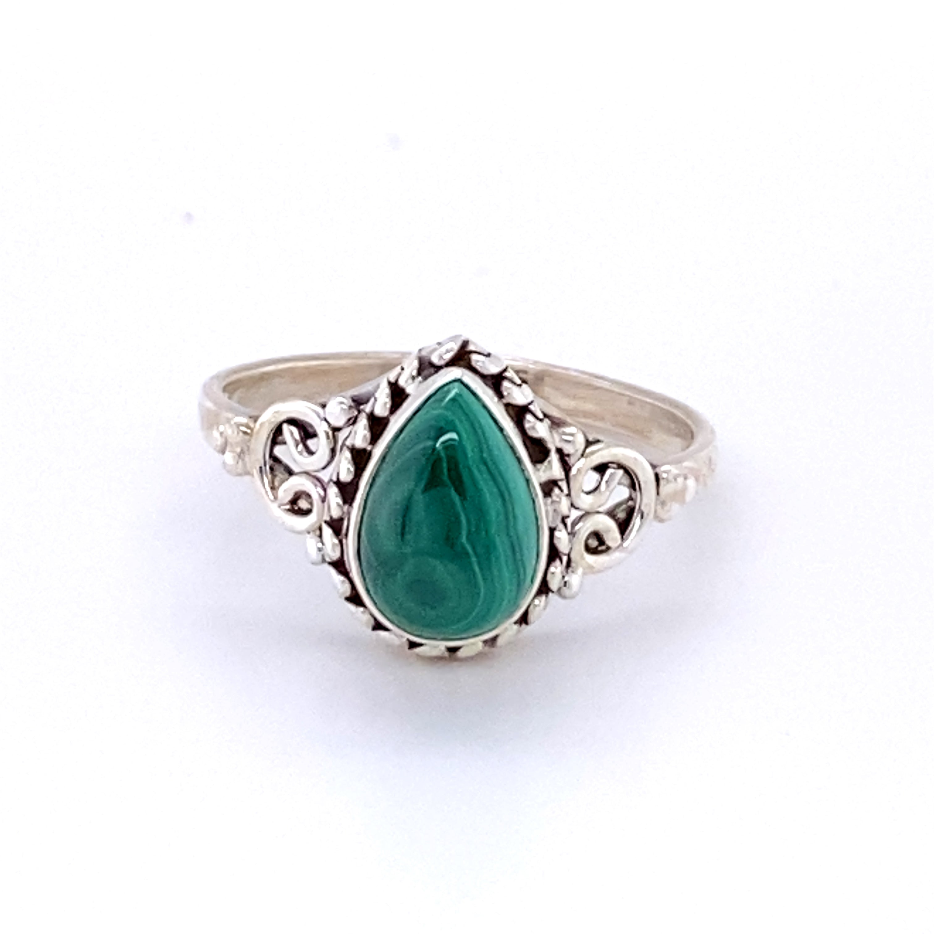 A Teardrop Gemstone Ring with Intricate Ball Border with a green malachite stone.