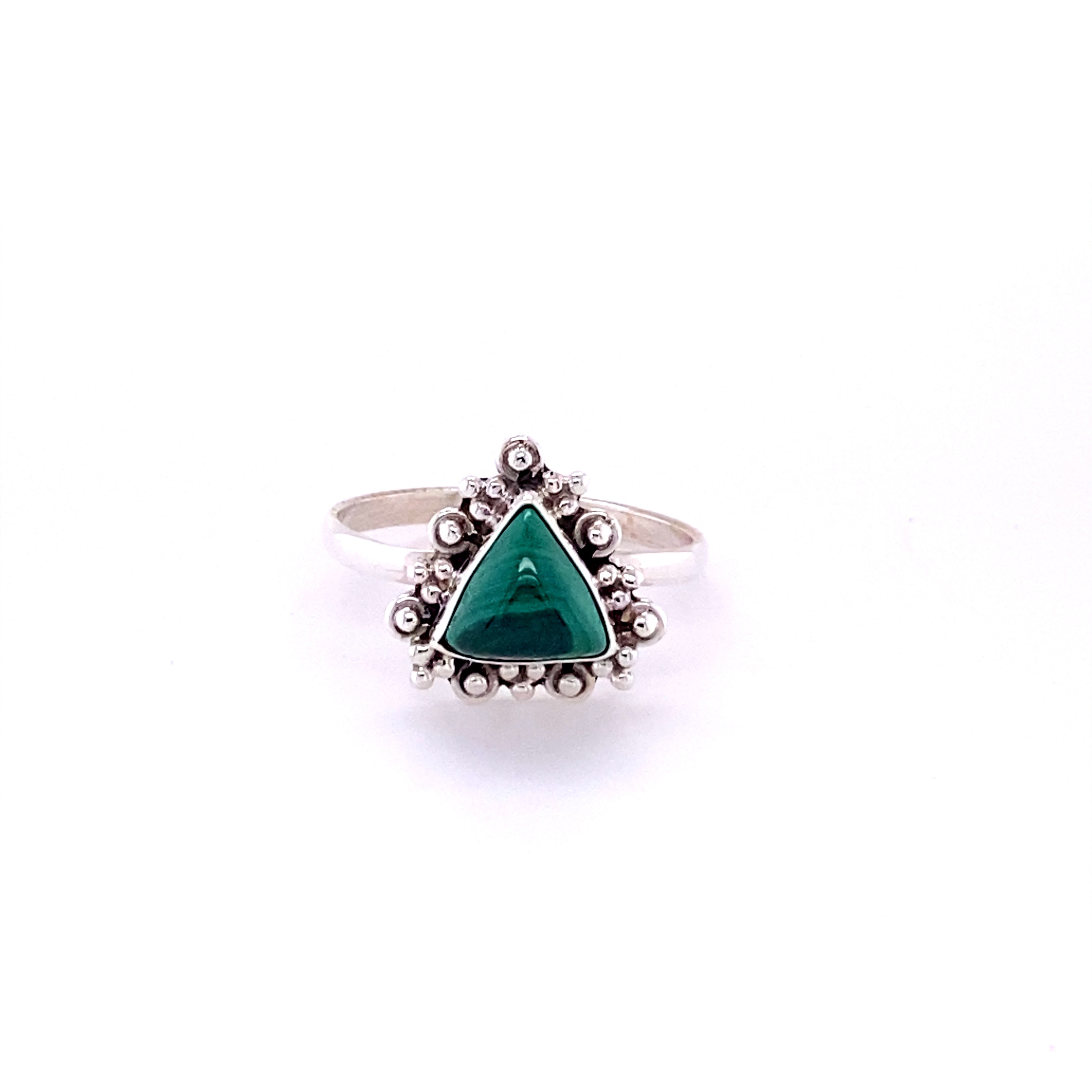A Delicate Gemstone Triangle Ring from Super Silver with an emerald stone in the middle.