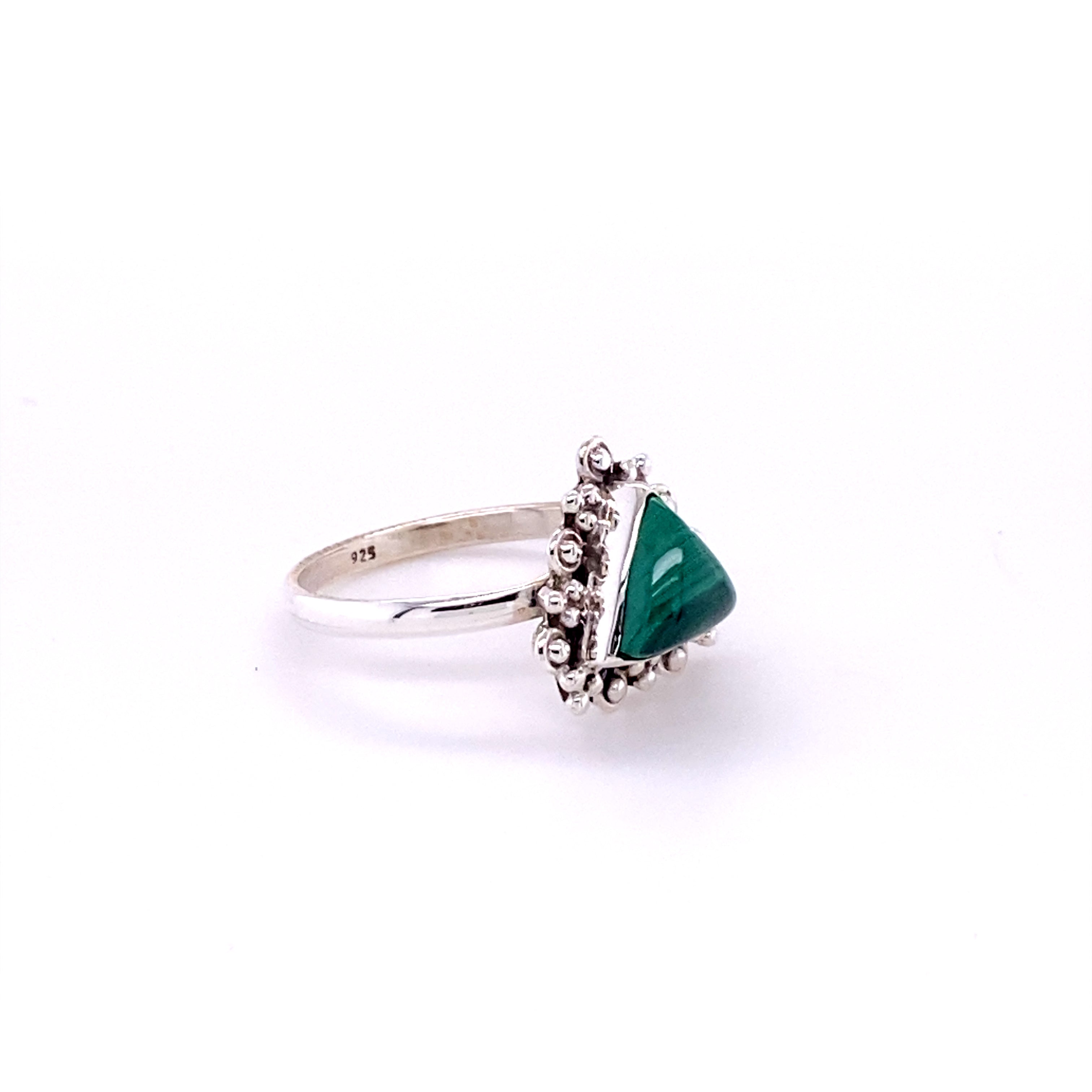 A Super Silver Delicate Gemstone Triangle Ring with a green stone in the middle.
