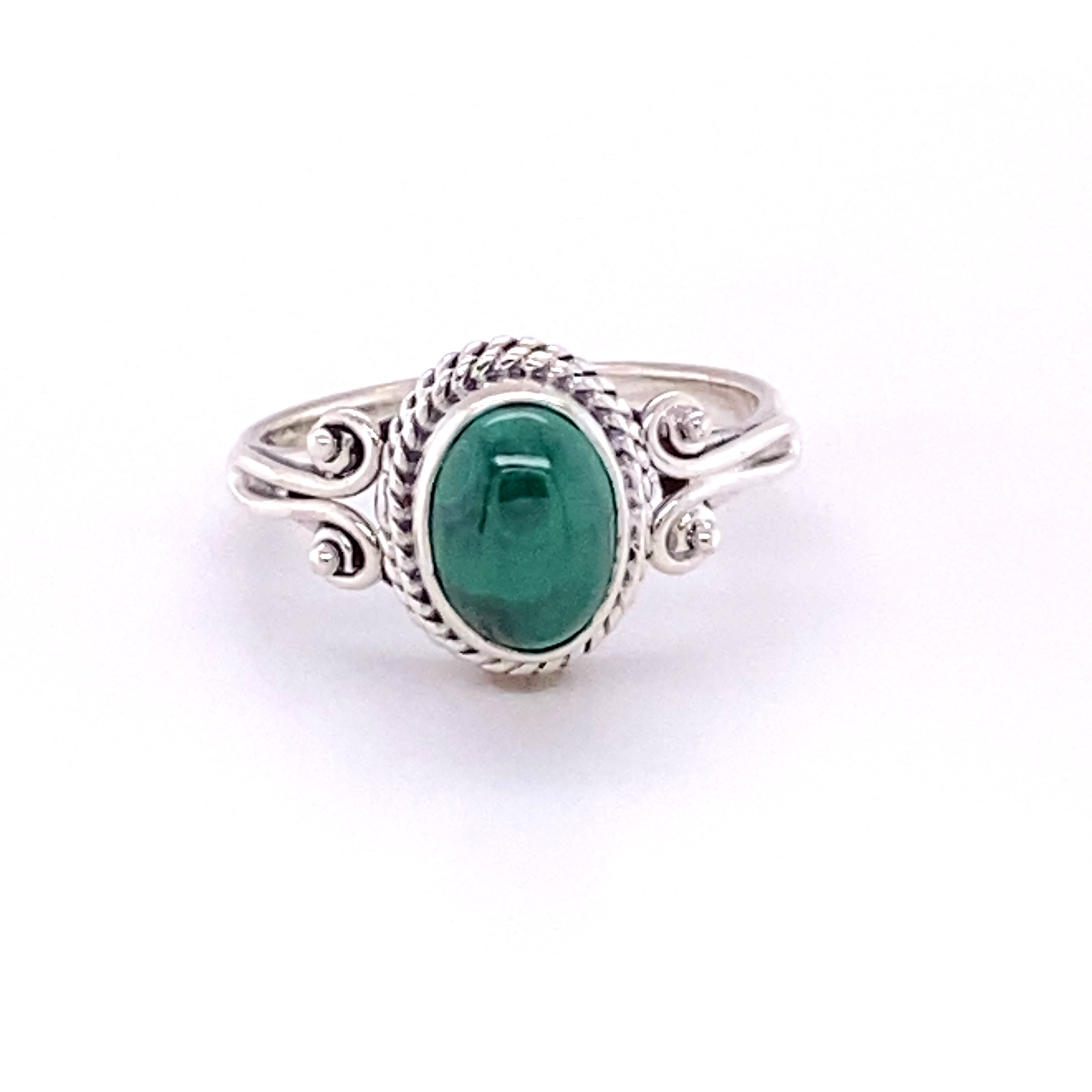 A boho Oval Natural Gemstone Ring with Rope and Long Spiral Border on a white background.