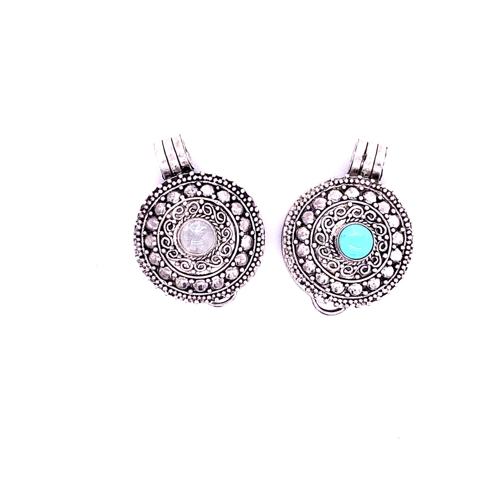 Two Stone Poison Locket pendants on a white background. (Super Silver)