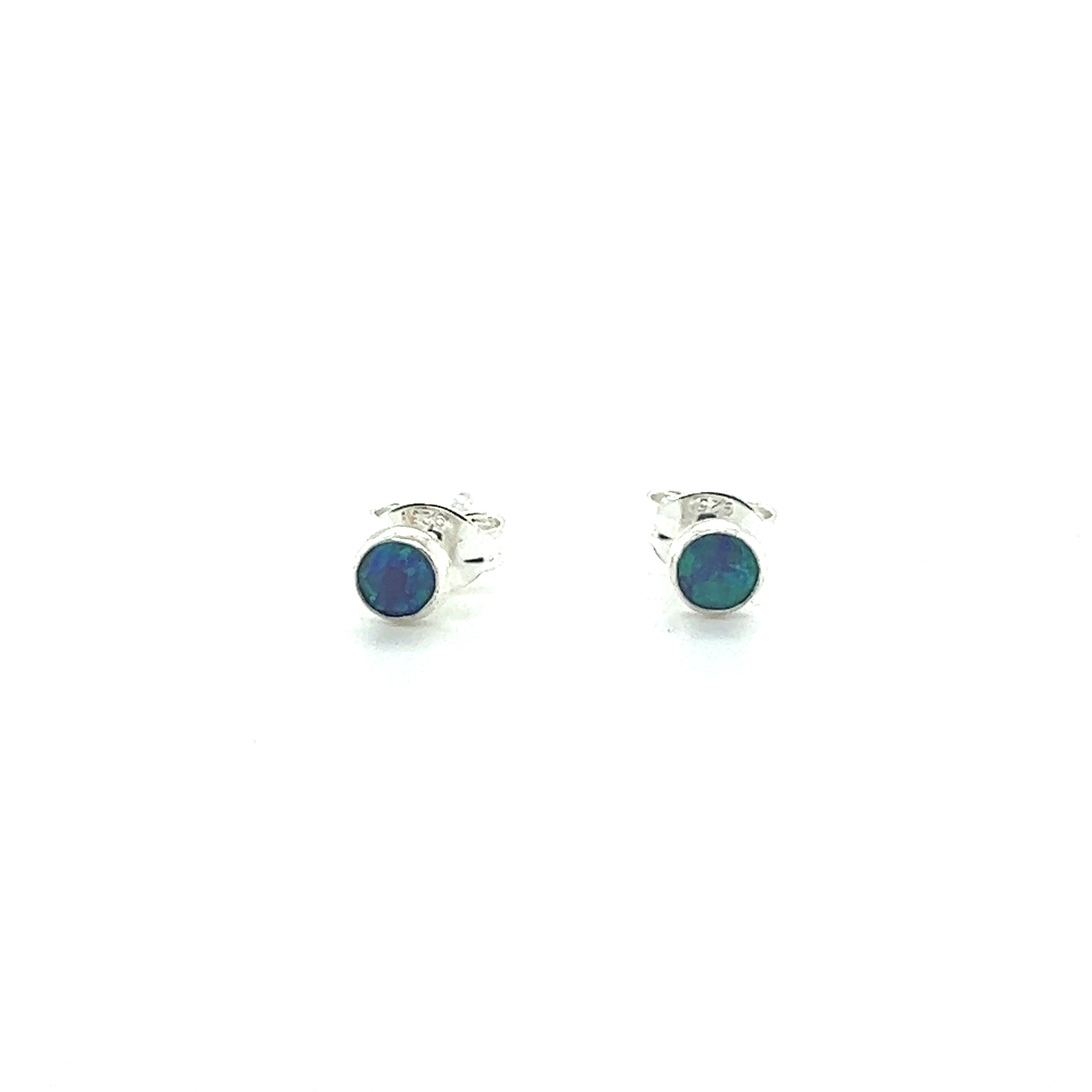 A pair of Super Silver Dainty Opal Studs, crafted with sterling silver and showcased against a clean white background.