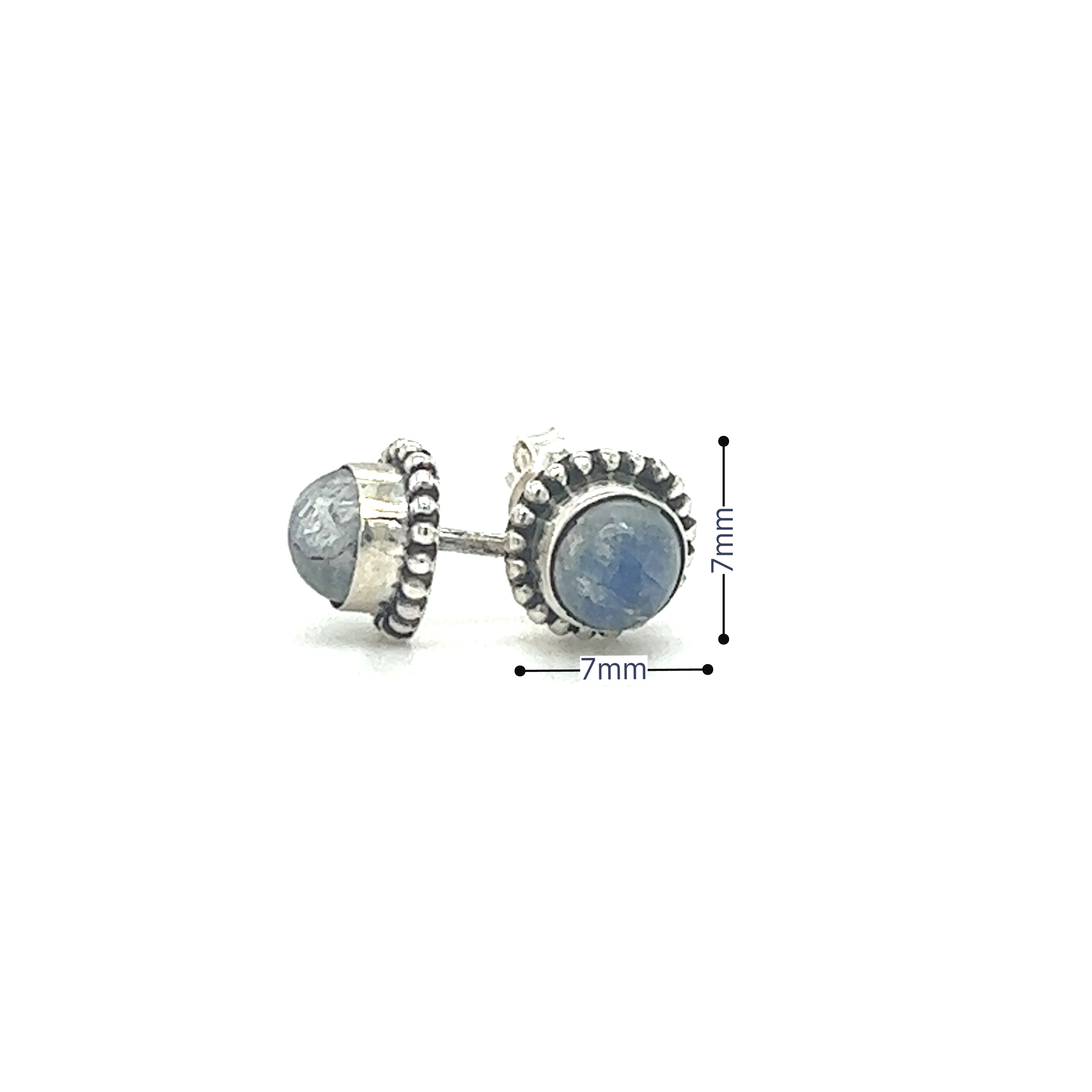 A pair of Chic Beaded Round Stone Studs earrings with a luminous blue stone by Super Silver.