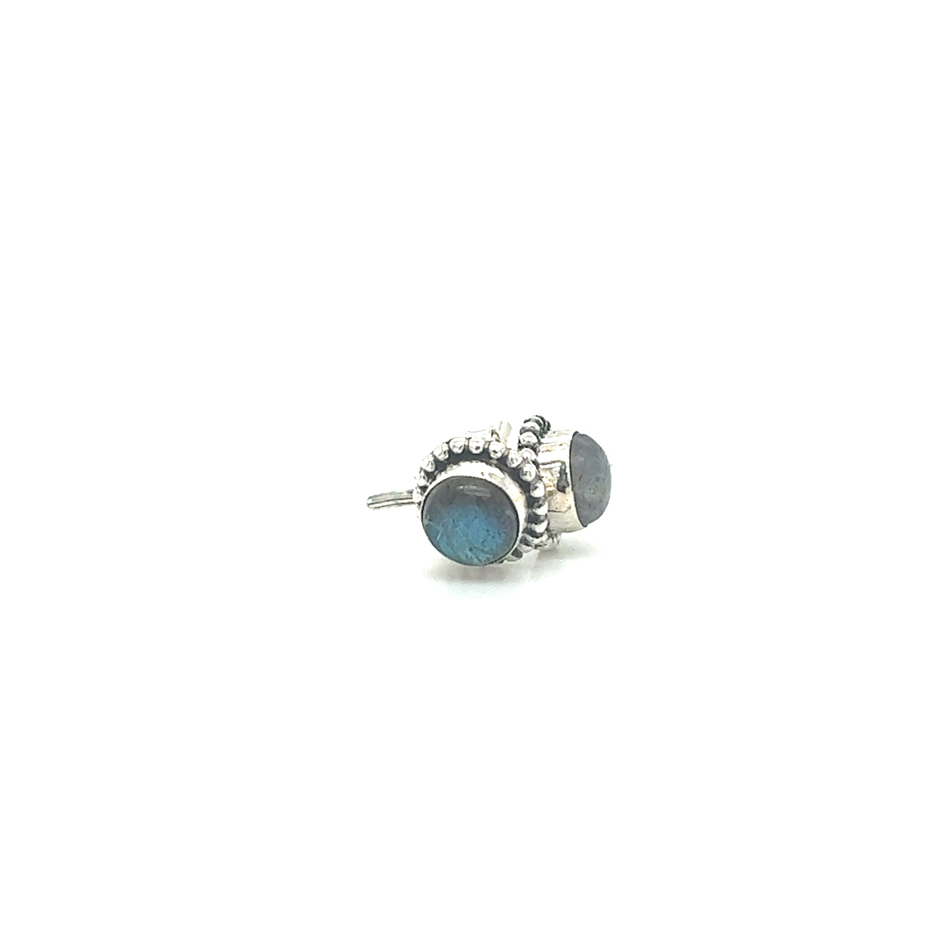 A pair of Super Silver Chic Beaded Round Stone Studs with luminous labradorite stones on a white background.
