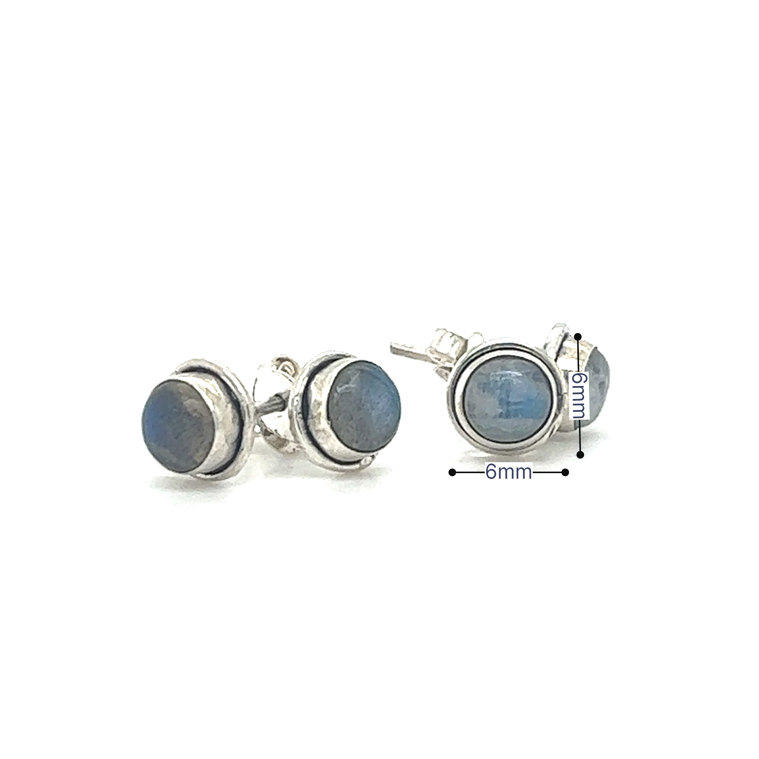 A pair of Simple Round Gemstone Studs with Labradorite stones set in a bezel by Super Silver.
