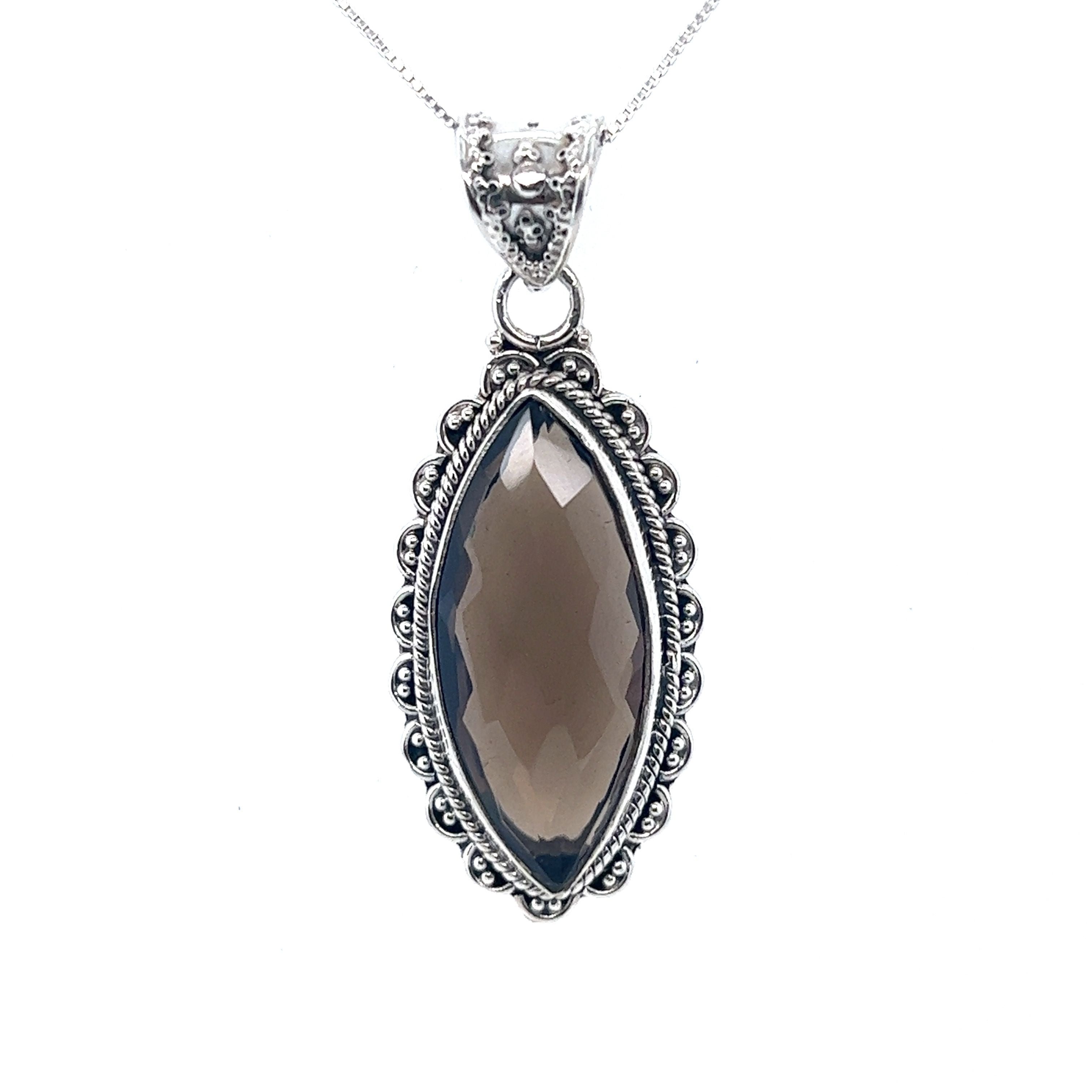Modified Description: A Marquise Shaped Gemstone Pendant featuring a Super Silver setting.