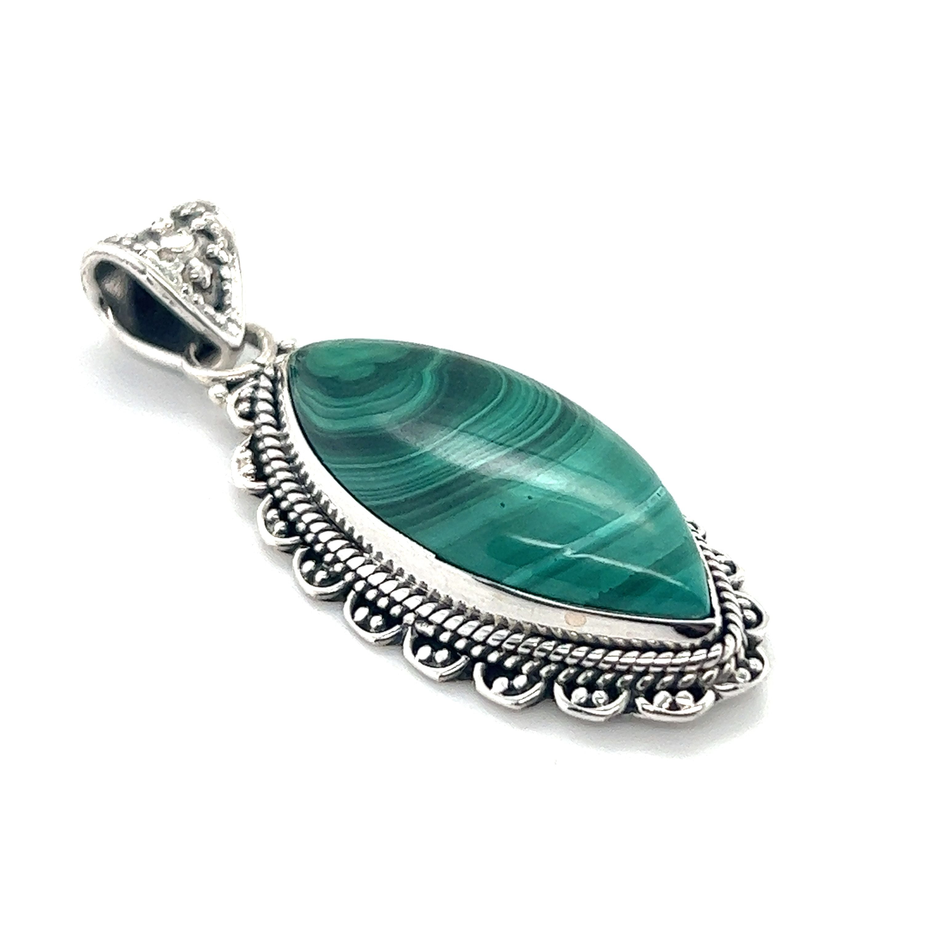 The Marquise Shaped Gemstone Pendant from Super Silver features a vivid green malachite stone.