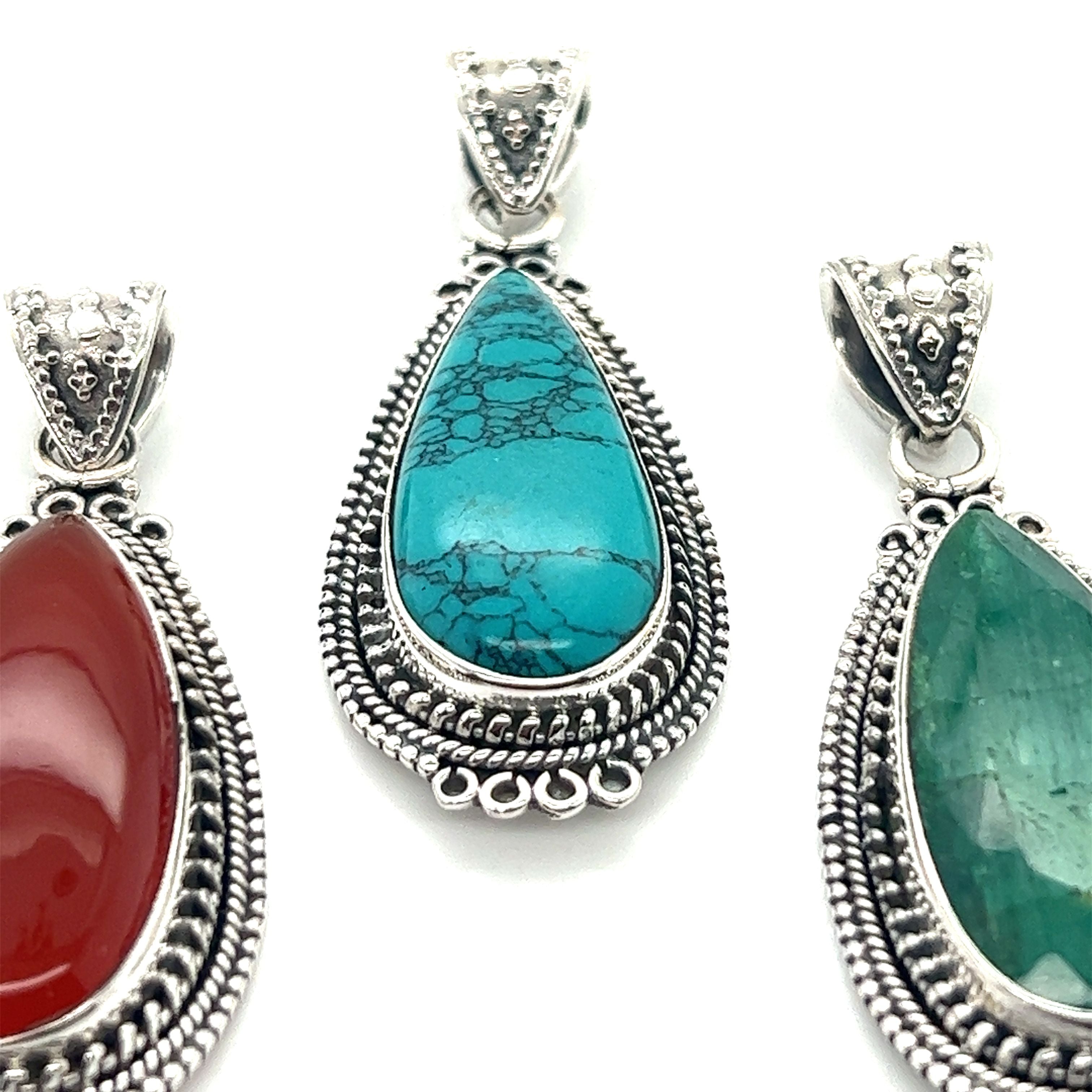 Three Super Silver Striking Teardrop Gemstone Pendants with Beaded Detailing.