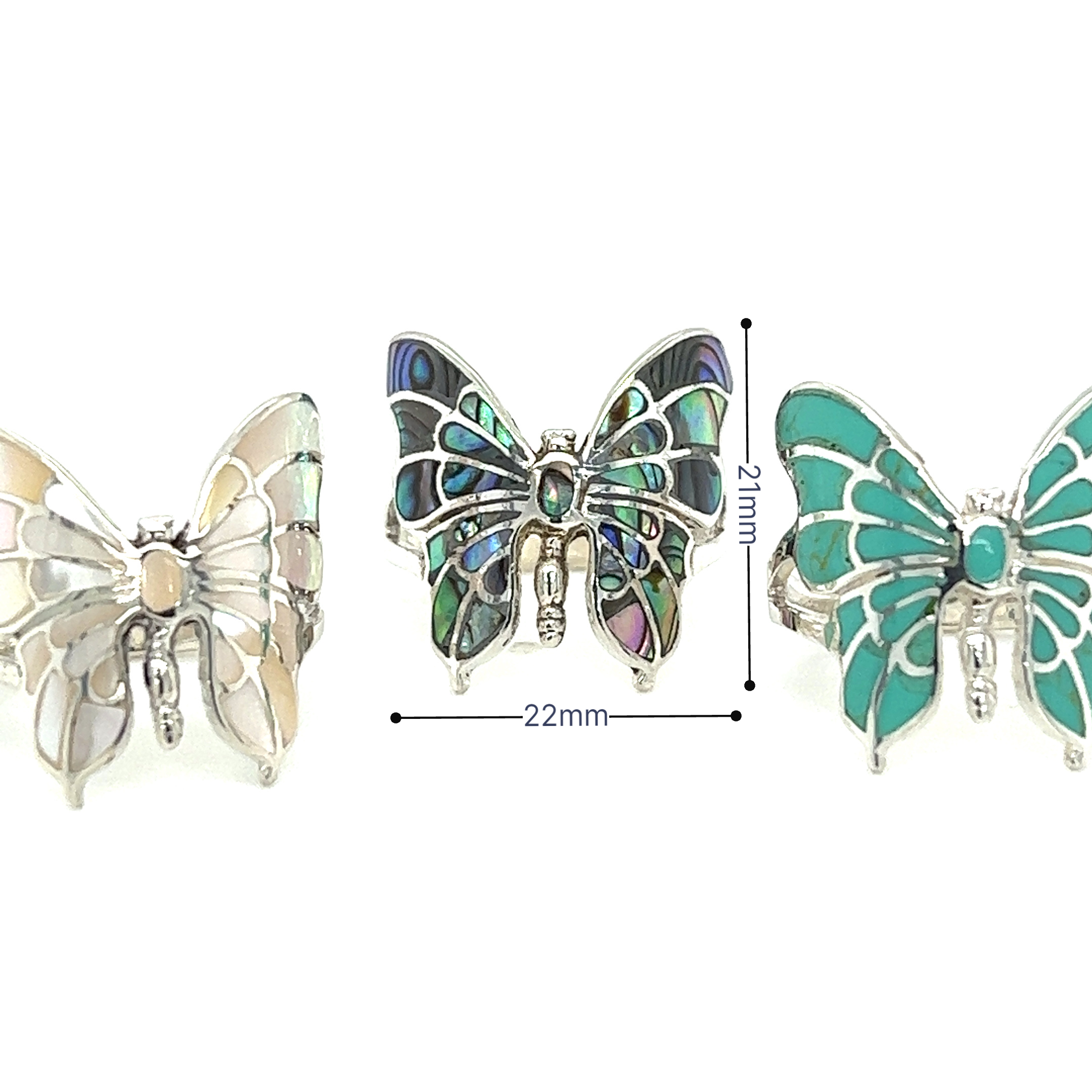 A set of three Intricate Statement Butterfly Inlay rings in different sizes.