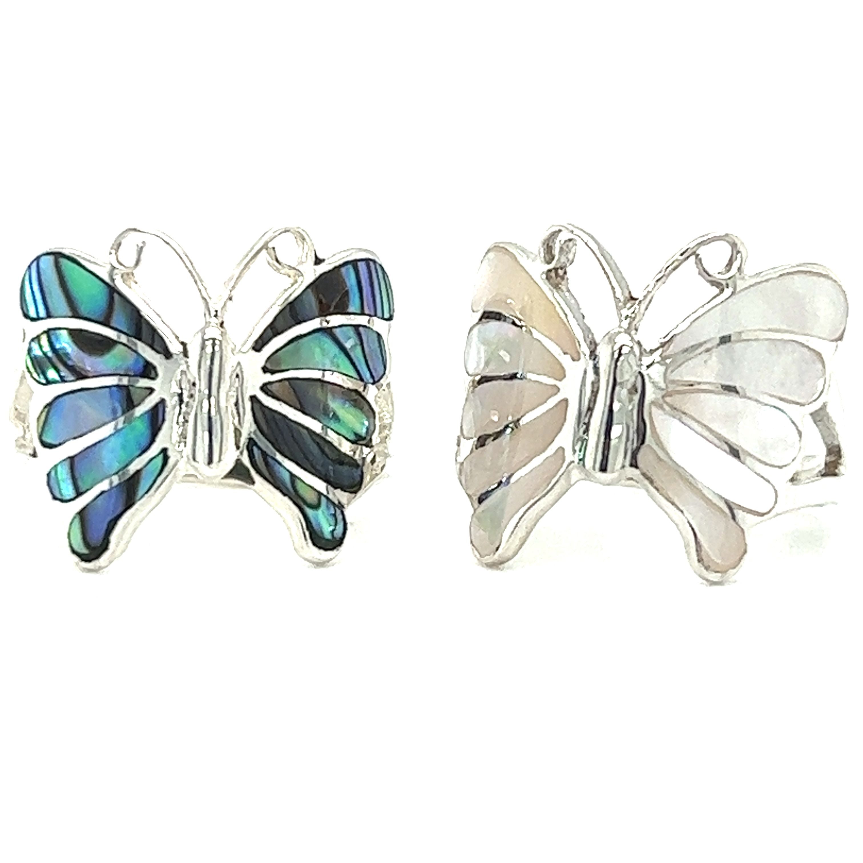 A pair of Elegant Butterfly Inlay Ring with Swirly Antennae cufflinks with abalone shell.