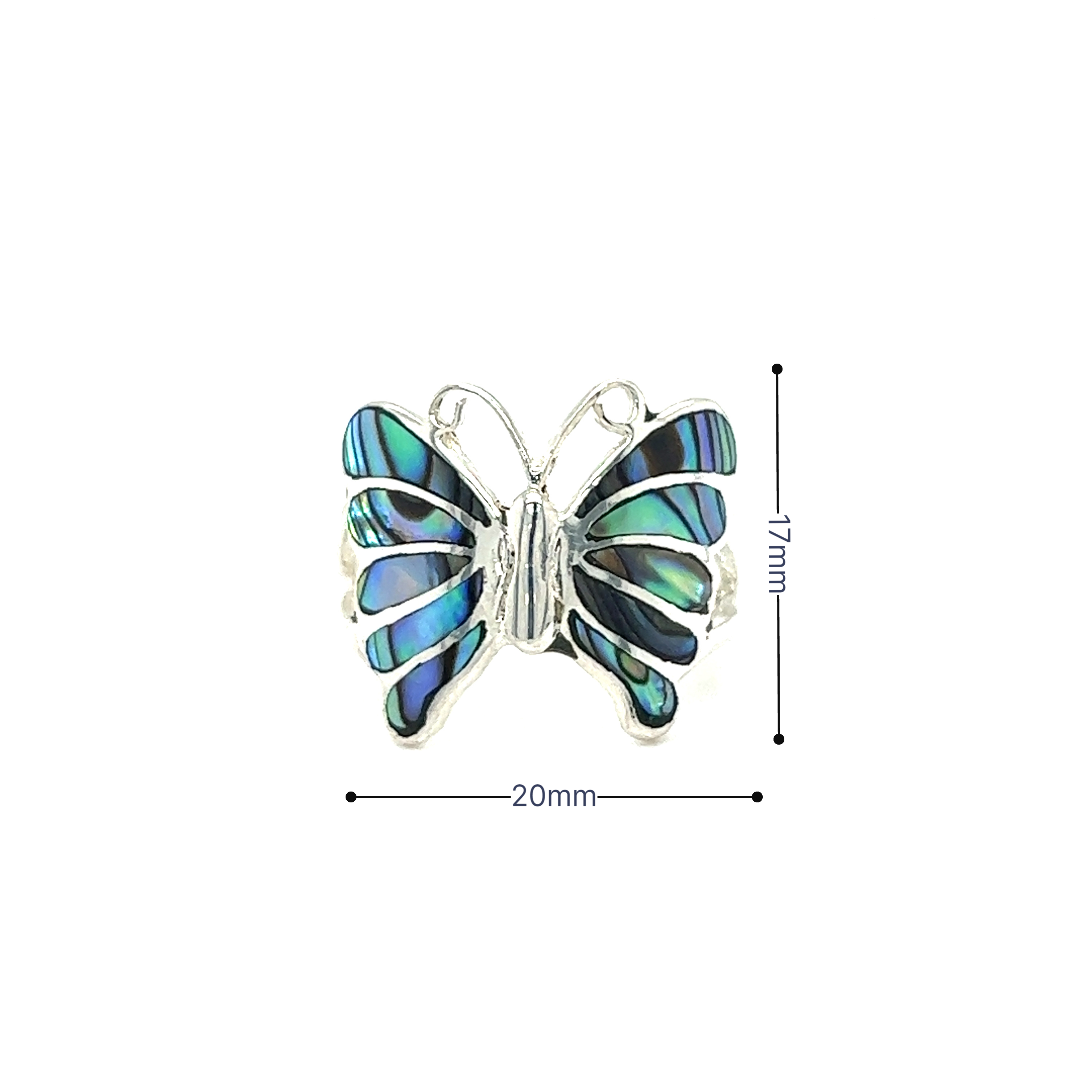 An Elegant Butterfly Inlay Ring with Swirly Antennae featuring blue and green stones, with measurements.