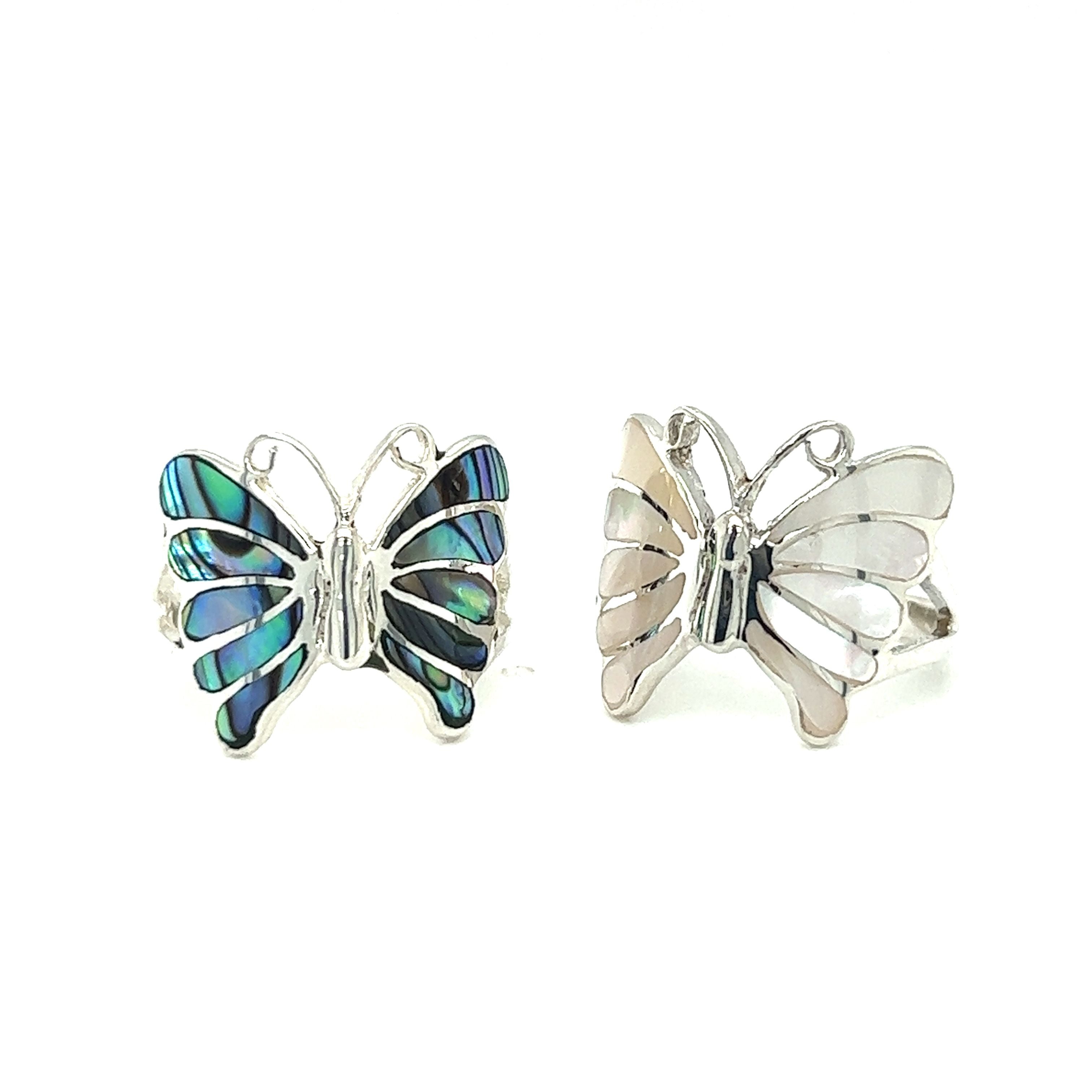 A pair of Elegant Butterfly Inlay Rings with Swirly Antennae.