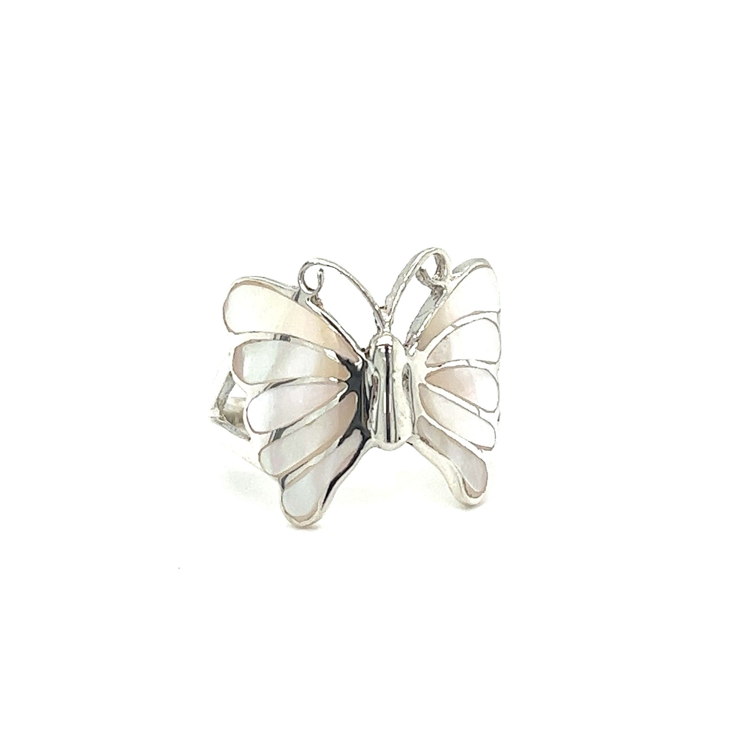 
                  
                    A statement Elegant Butterfly Inlay Ring with Swirly Antennae on a white background.
                  
                