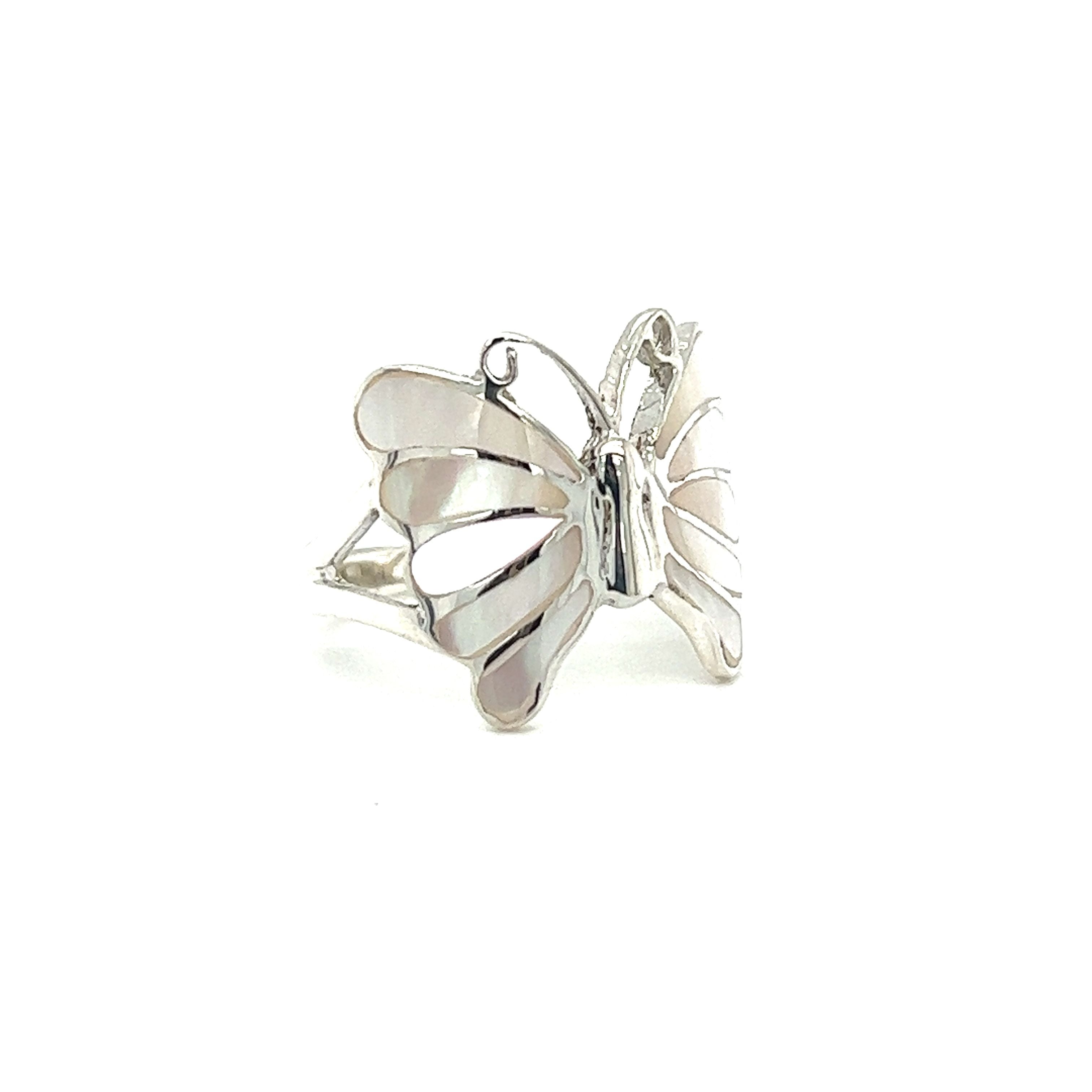 An Elegant Butterfly Inlay Ring with Swirly Antennae on a white background.