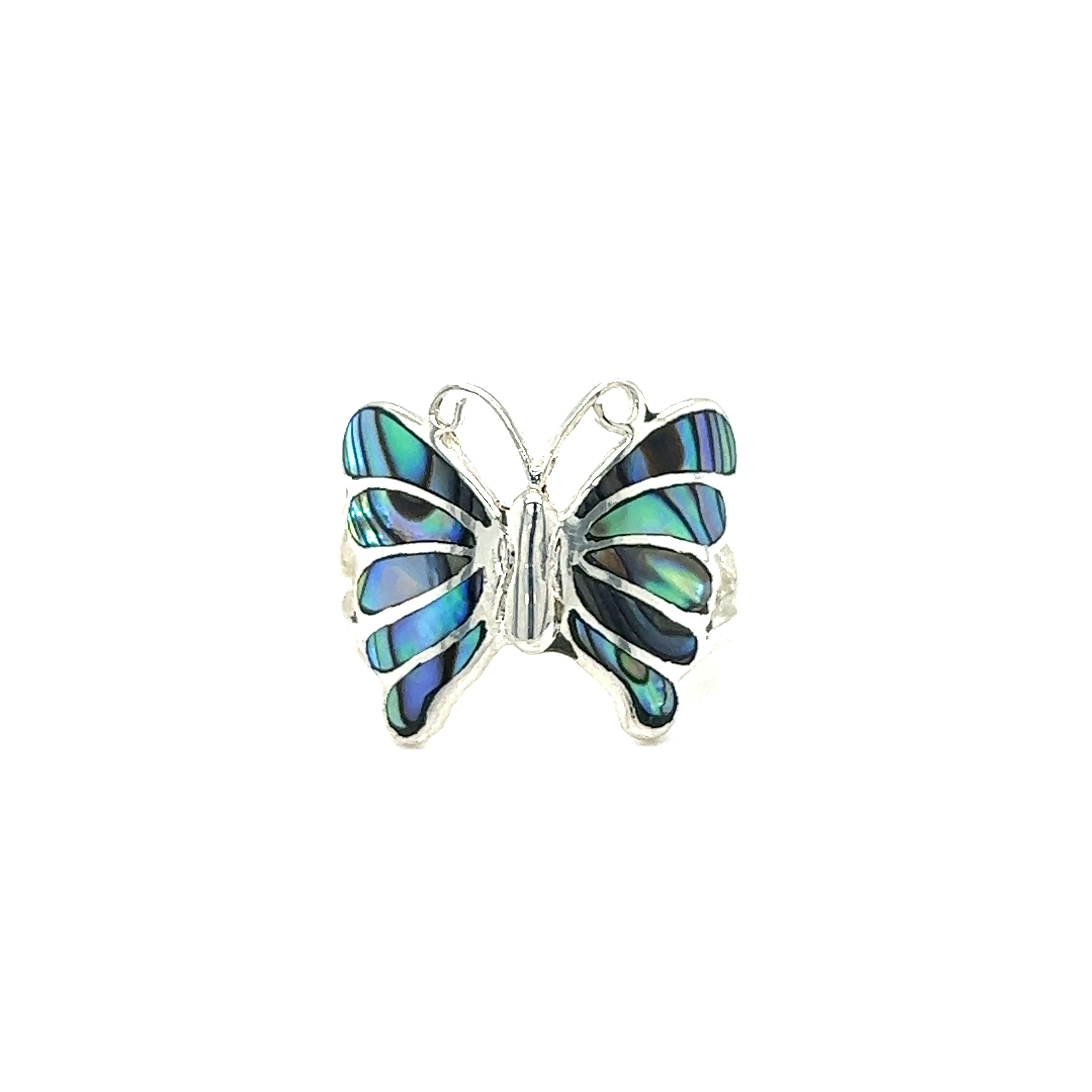 An Elegant Butterfly Inlay Ring with Swirly Antennae with blue and green enamel inlay.