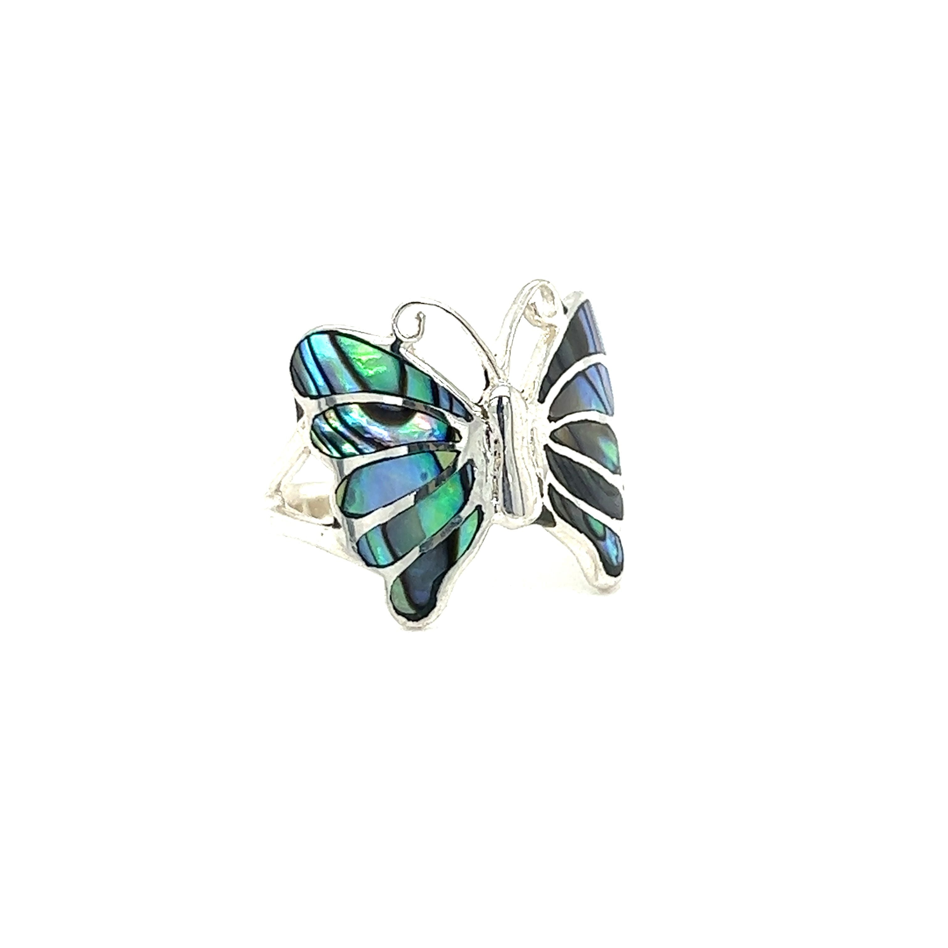 An Elegant Butterfly Inlay Ring with Swirly Antennae.
