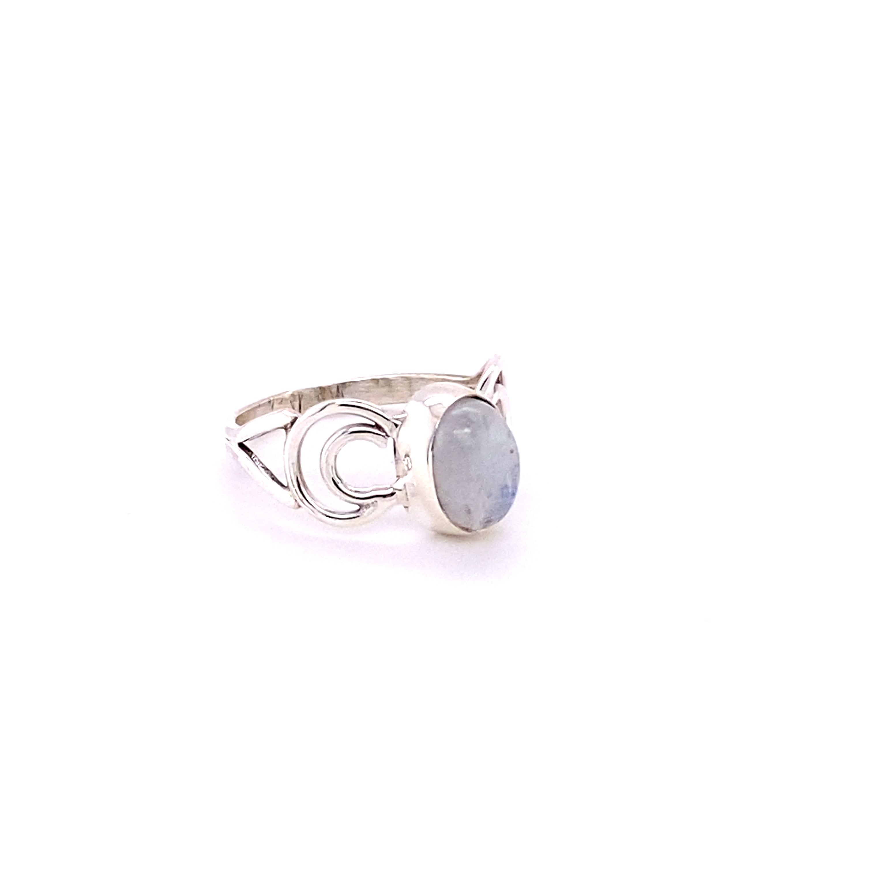 Hippie-inspired oval gemstone ring with moon design in sterling silver.