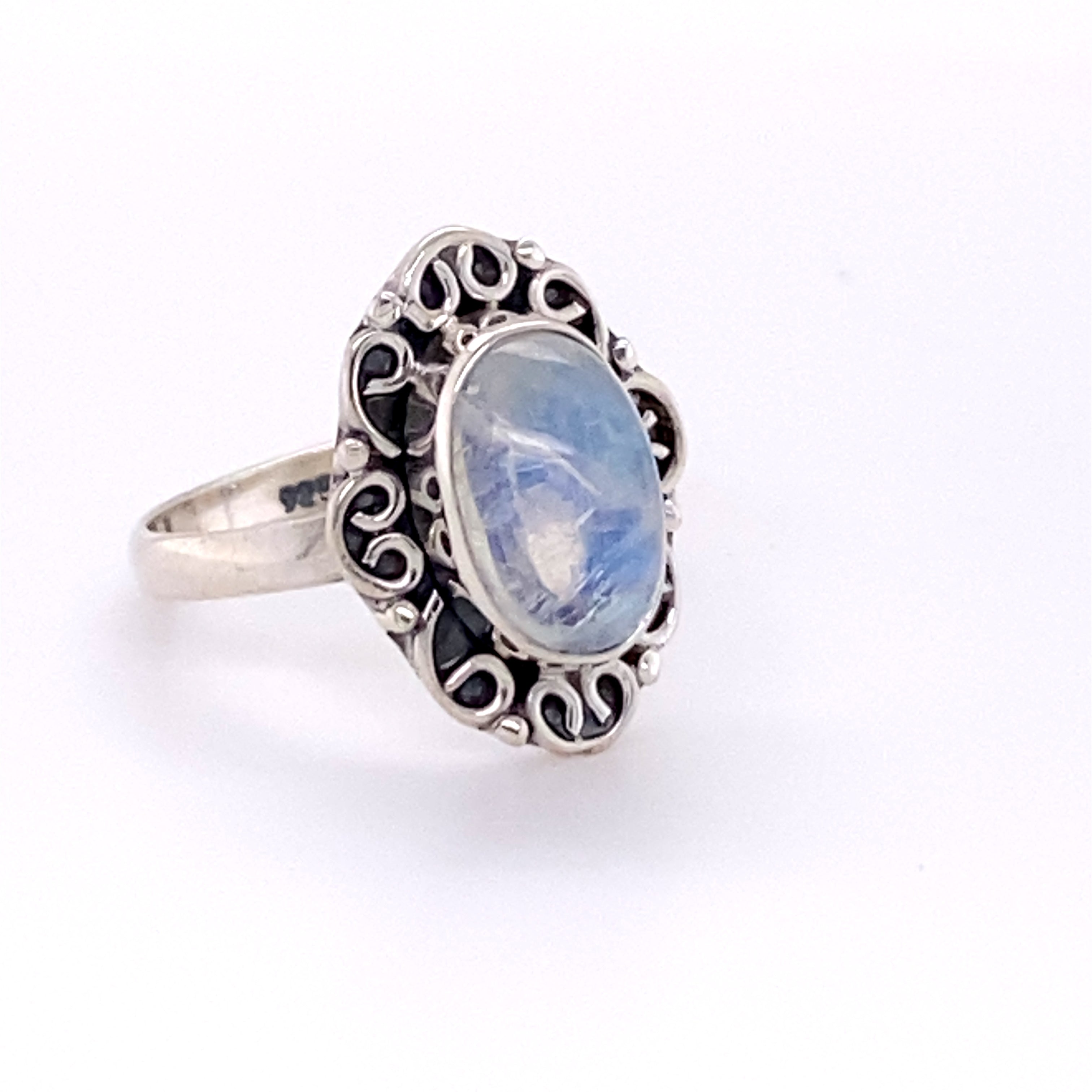 Elegant Oval Gemstone Ring with Swirl Filigree Border in sterling silver from Super Silver.