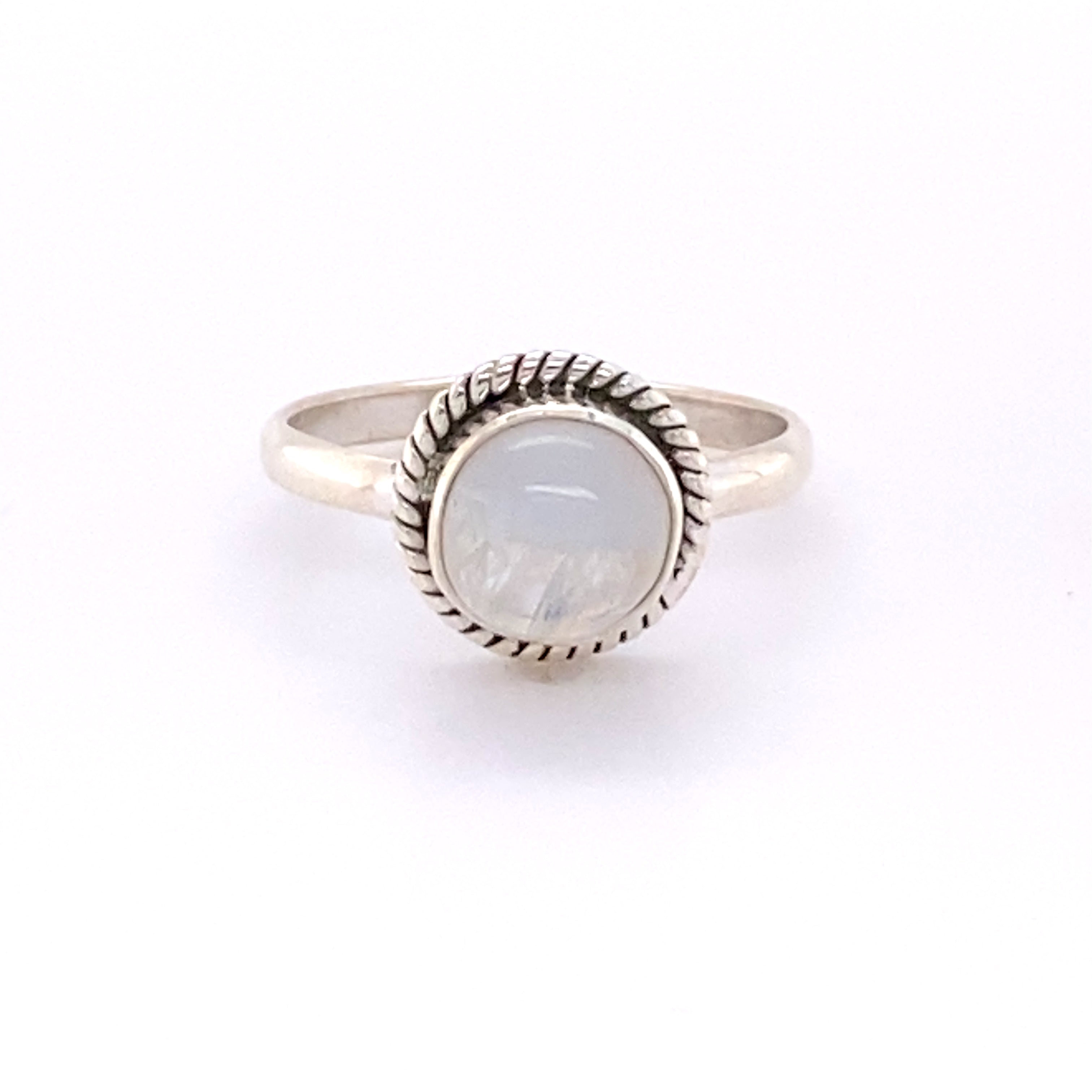 A boho-inspired sterling silver Simple Round Gemstone Ring with Rope Border on a white background.