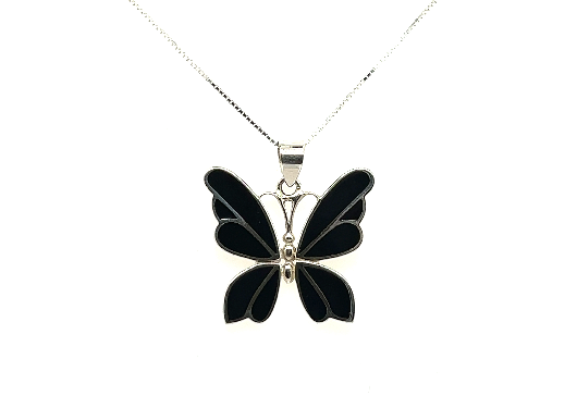 A Medium Inlay Butterfly Pendant, showcasing black wings, makes a captivating addition to any gemstone jewelry collection.