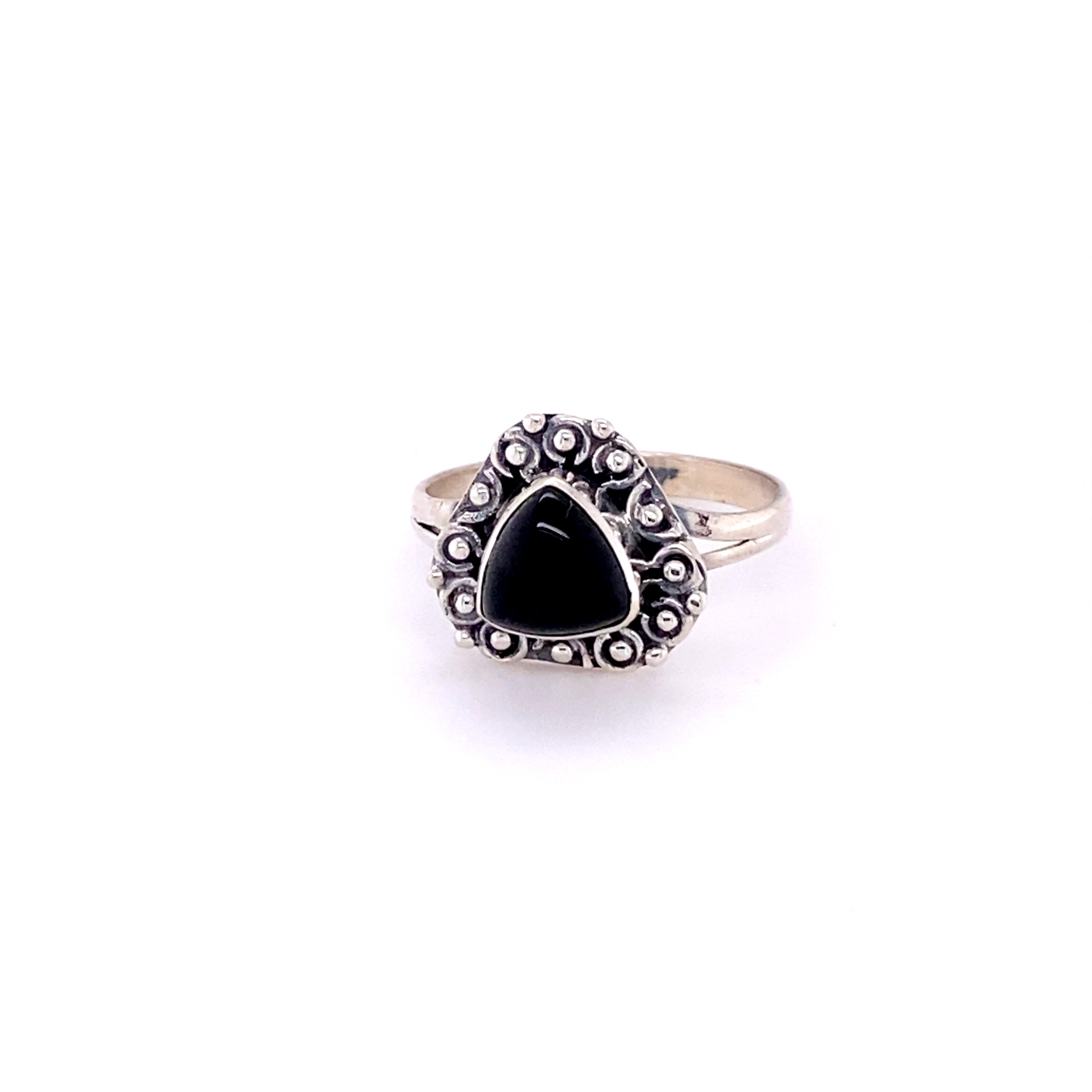 A Triangular Gemstone Ring with A Flat Ball Boarder, from Super Silver, exuding a bohemian vibe.