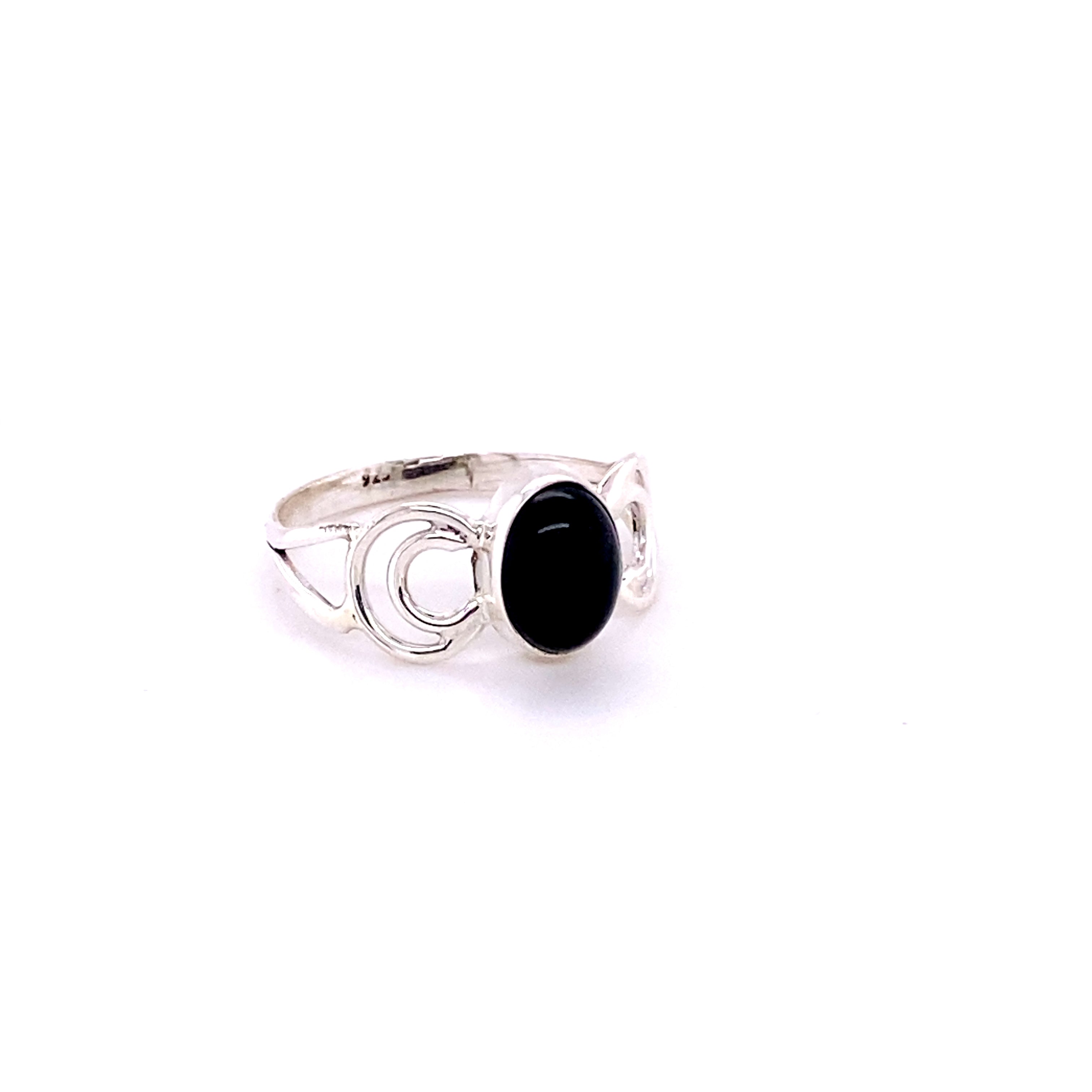 A Super Silver Oval Gemstone Ring with Moon Design adorned with a black onyx stone.