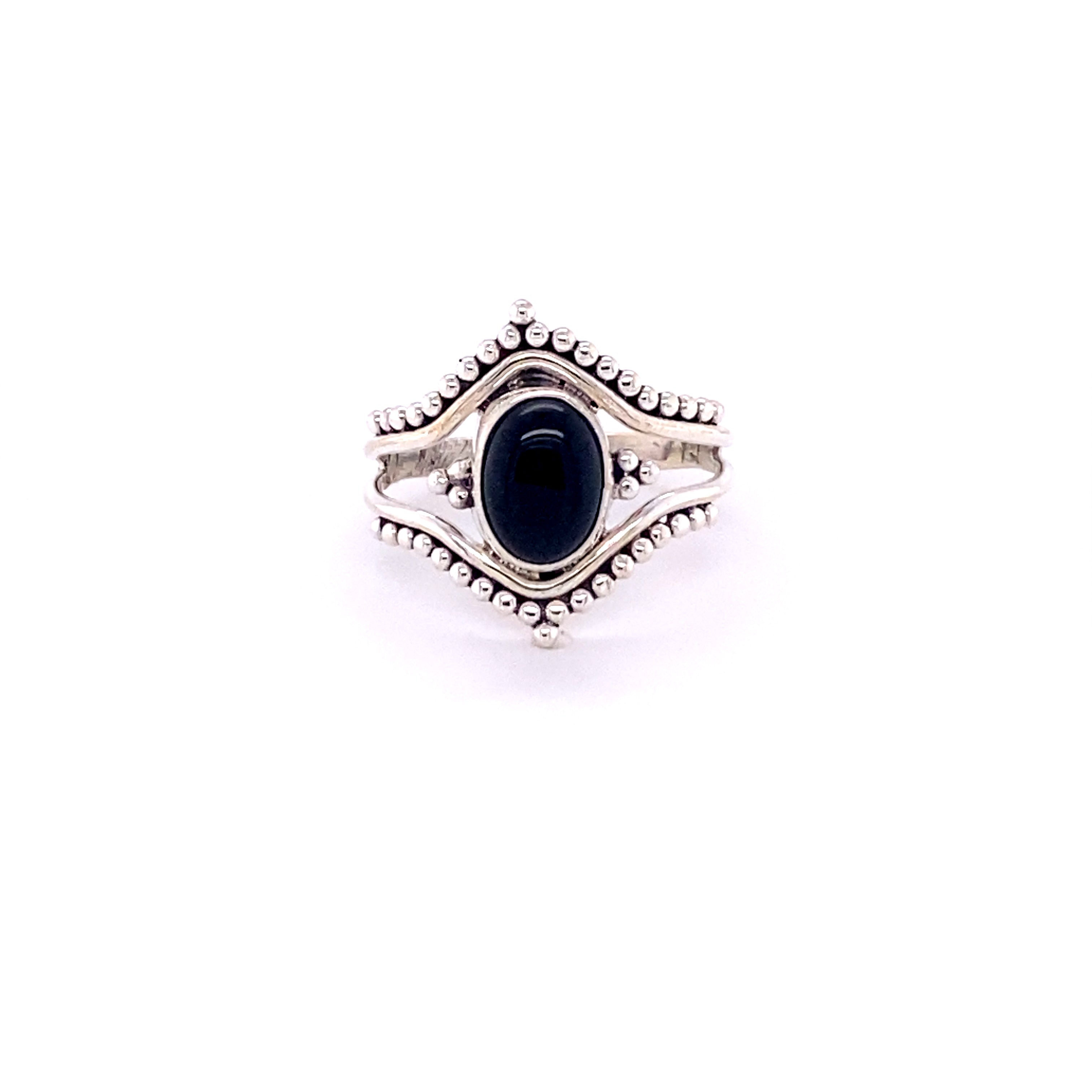 A Double Chevron Gemstone Ring with Ball Design with a cabochon black stone in the middle.