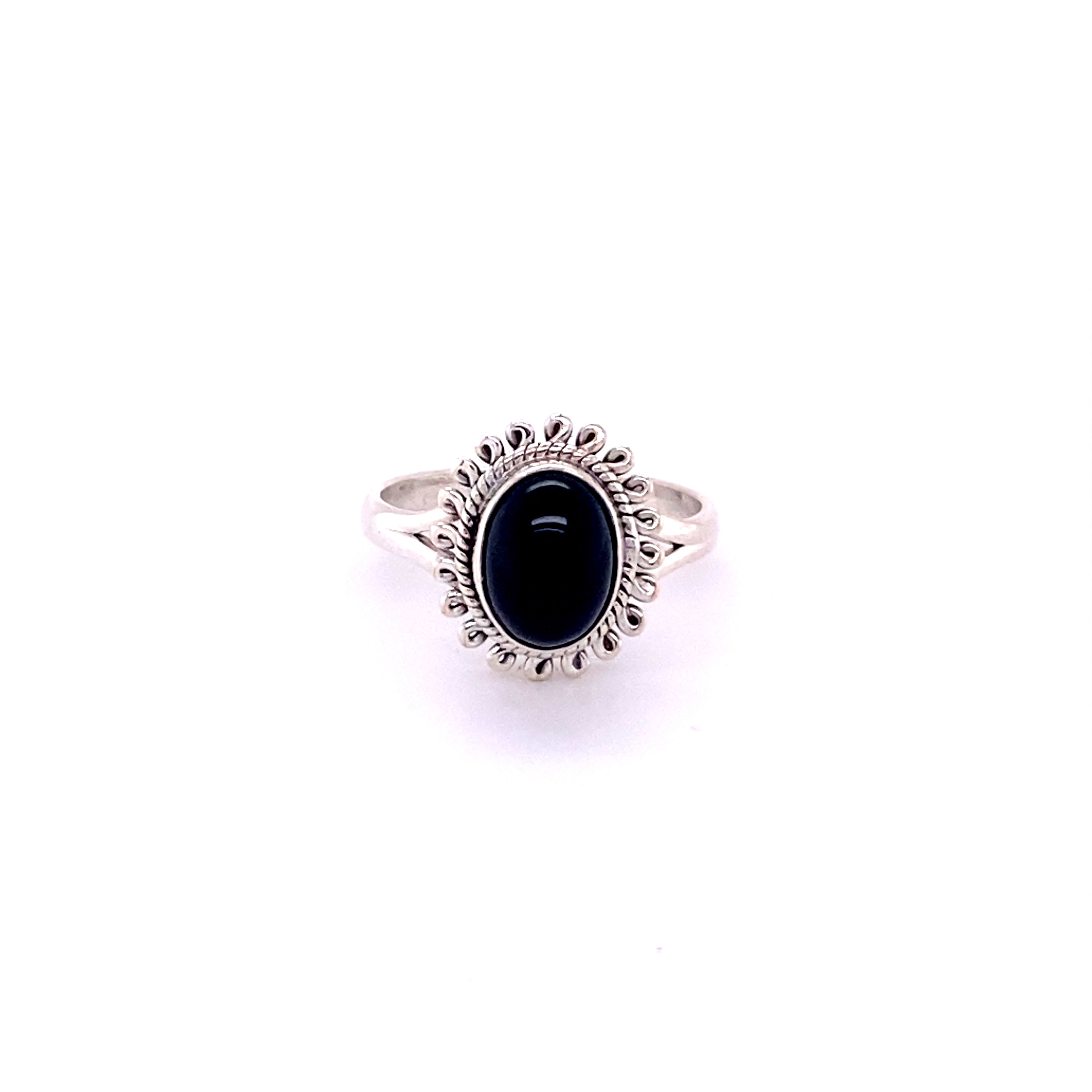 A Hippie-Chic Oval Gemstone Flower Ring with a black stone in the center.