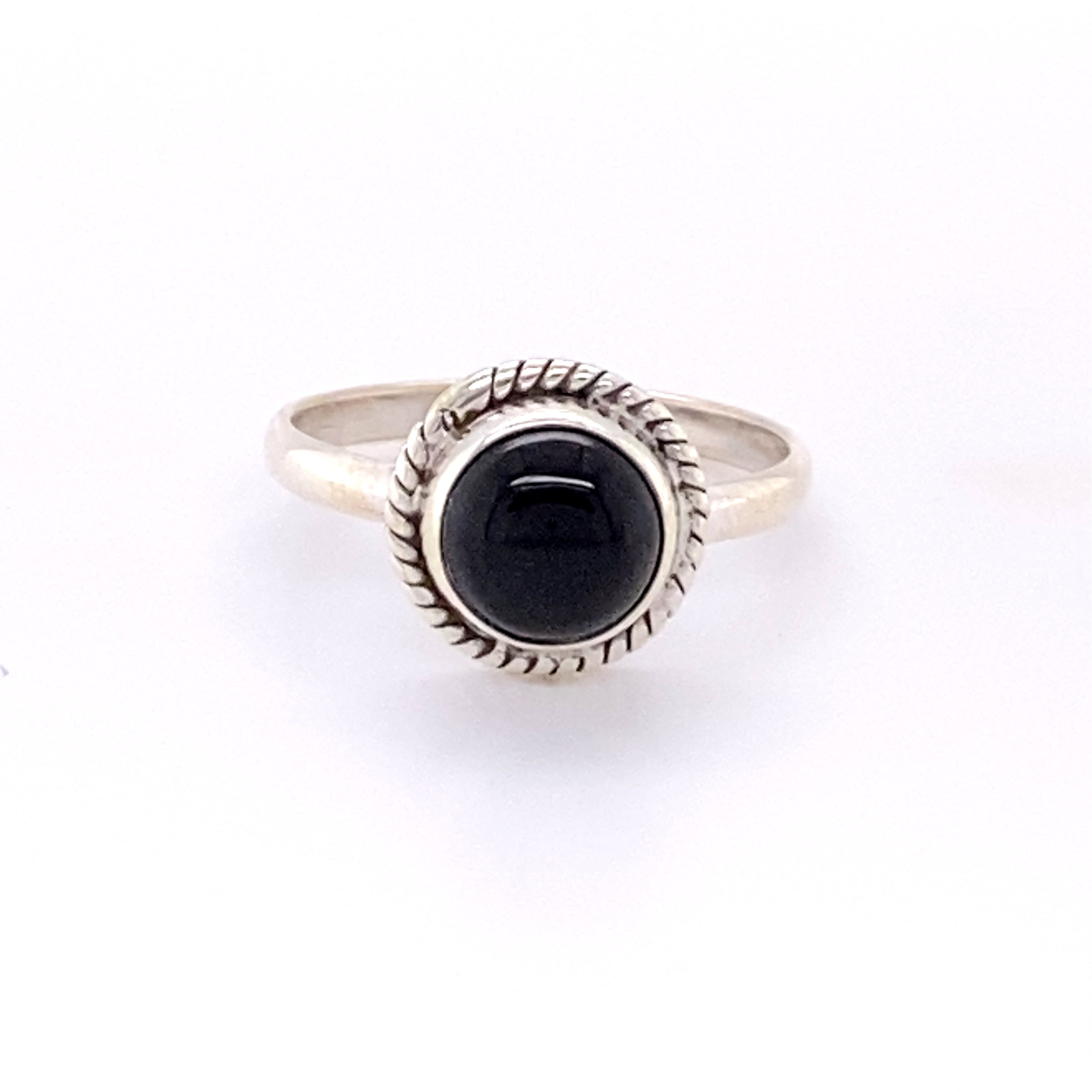 Simple Round Gemstone Ring with Rope Border featuring a black onyx stone.