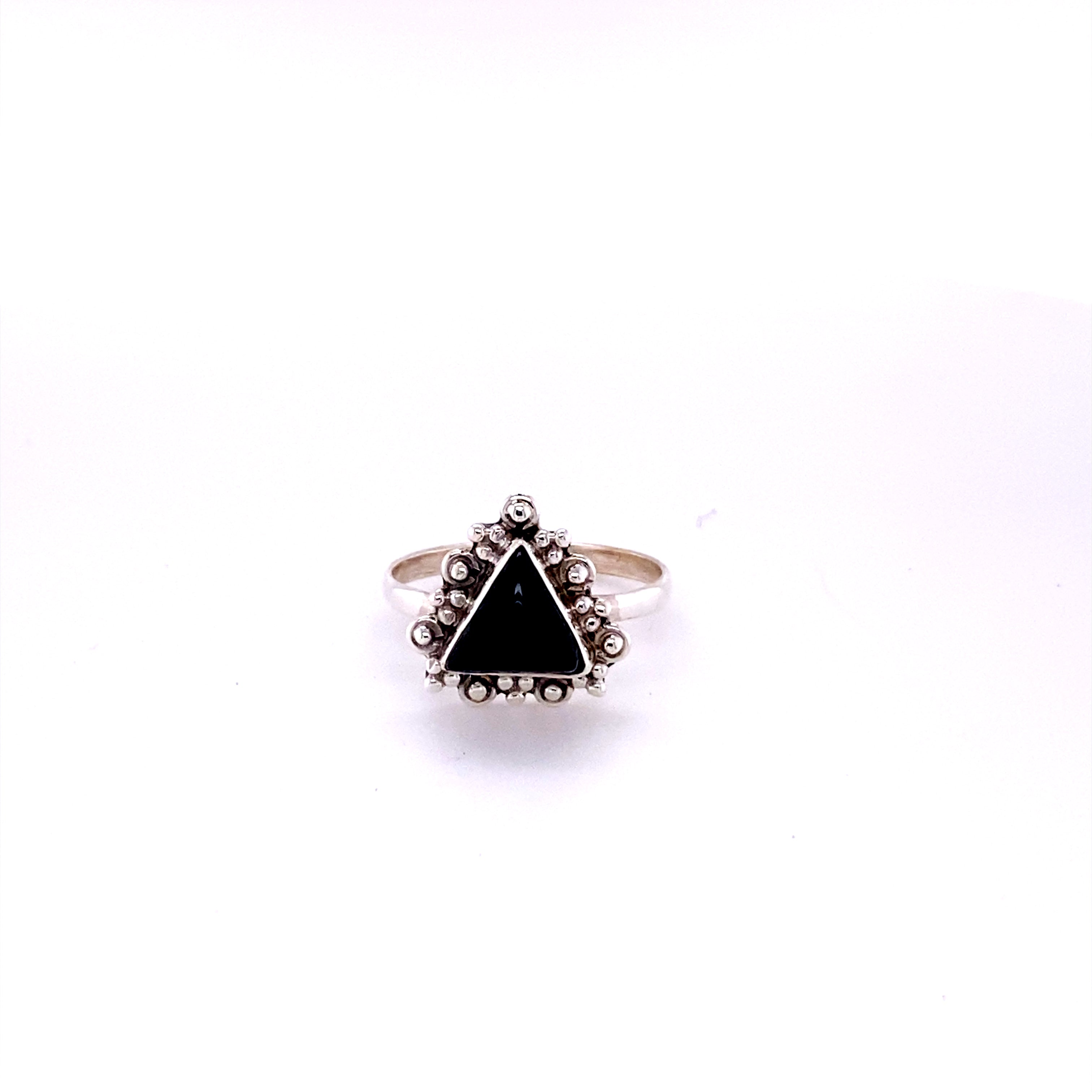A Delicate Gemstone Triangle Ring from Super Silver with silver beads on a white background.