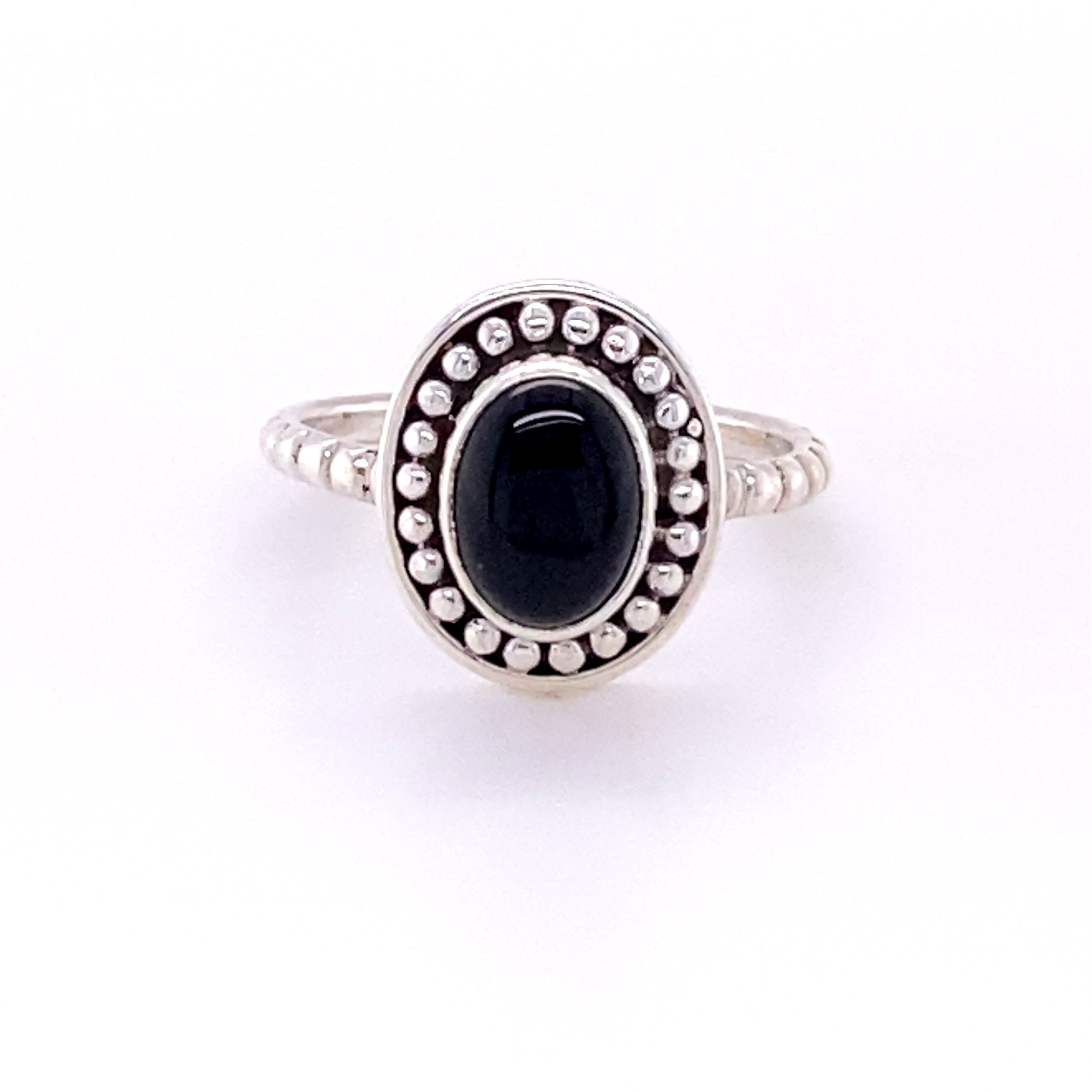 Oval Gemstone Ring with Silver Ball Border in sterling silver from Santa Cruz.