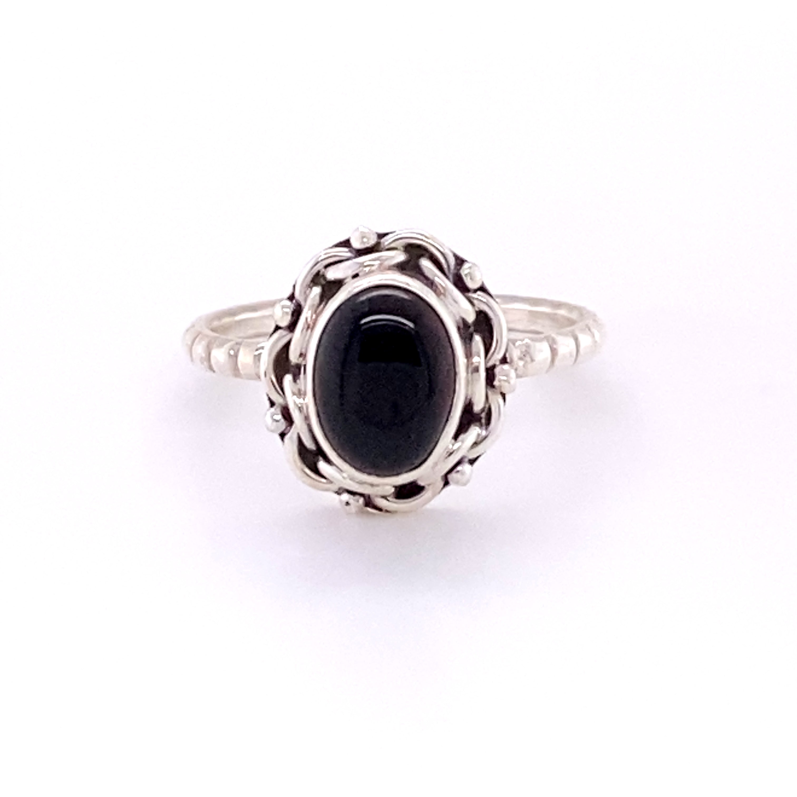 Natural Oval Gemstone Ring with Intricate chain Border and Textured Band with a black onyx cabochon.