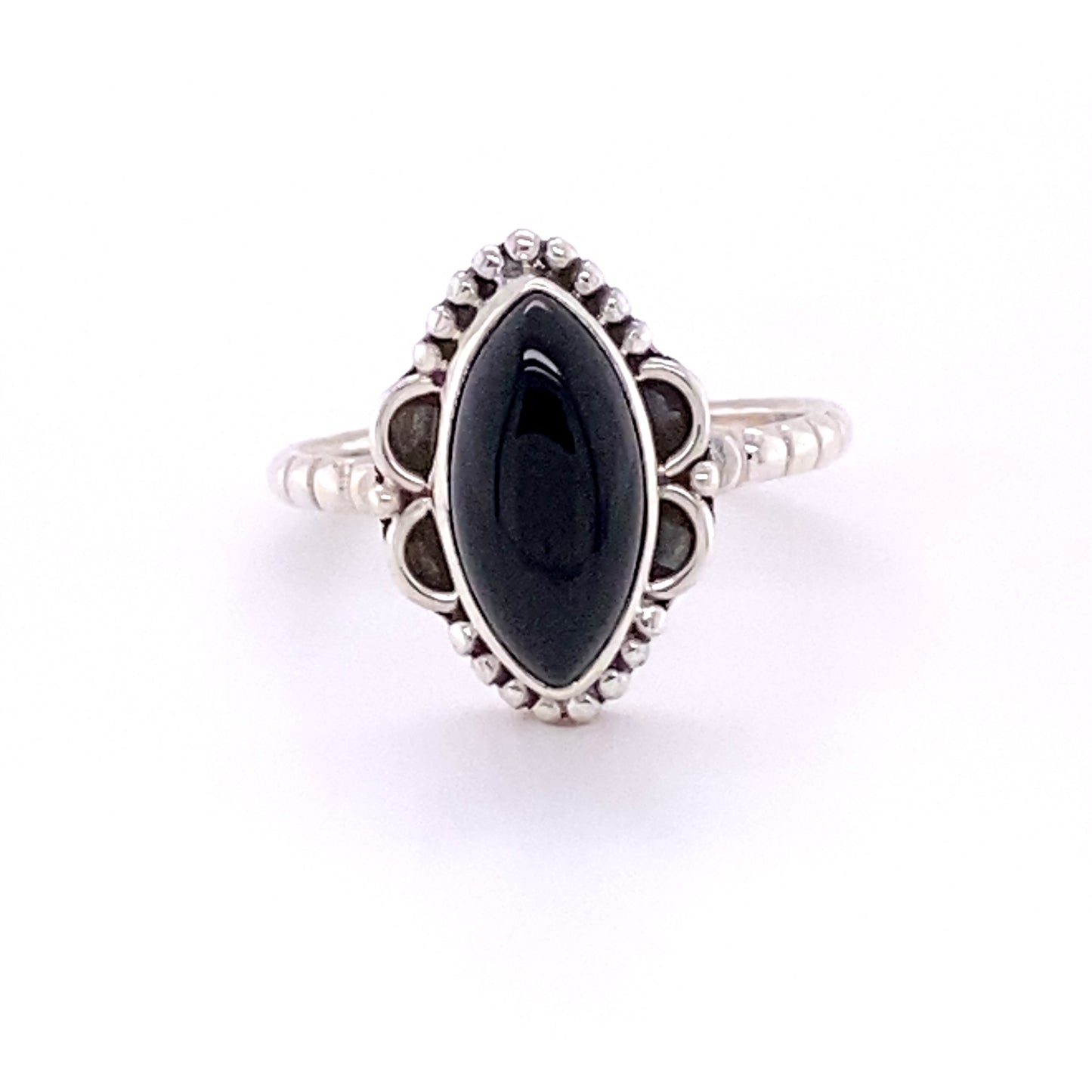 
                  
                    A Marquise Shaped Gemstone Ring with Ball Border and Textured Band with a black onyx stone.
                  
                
