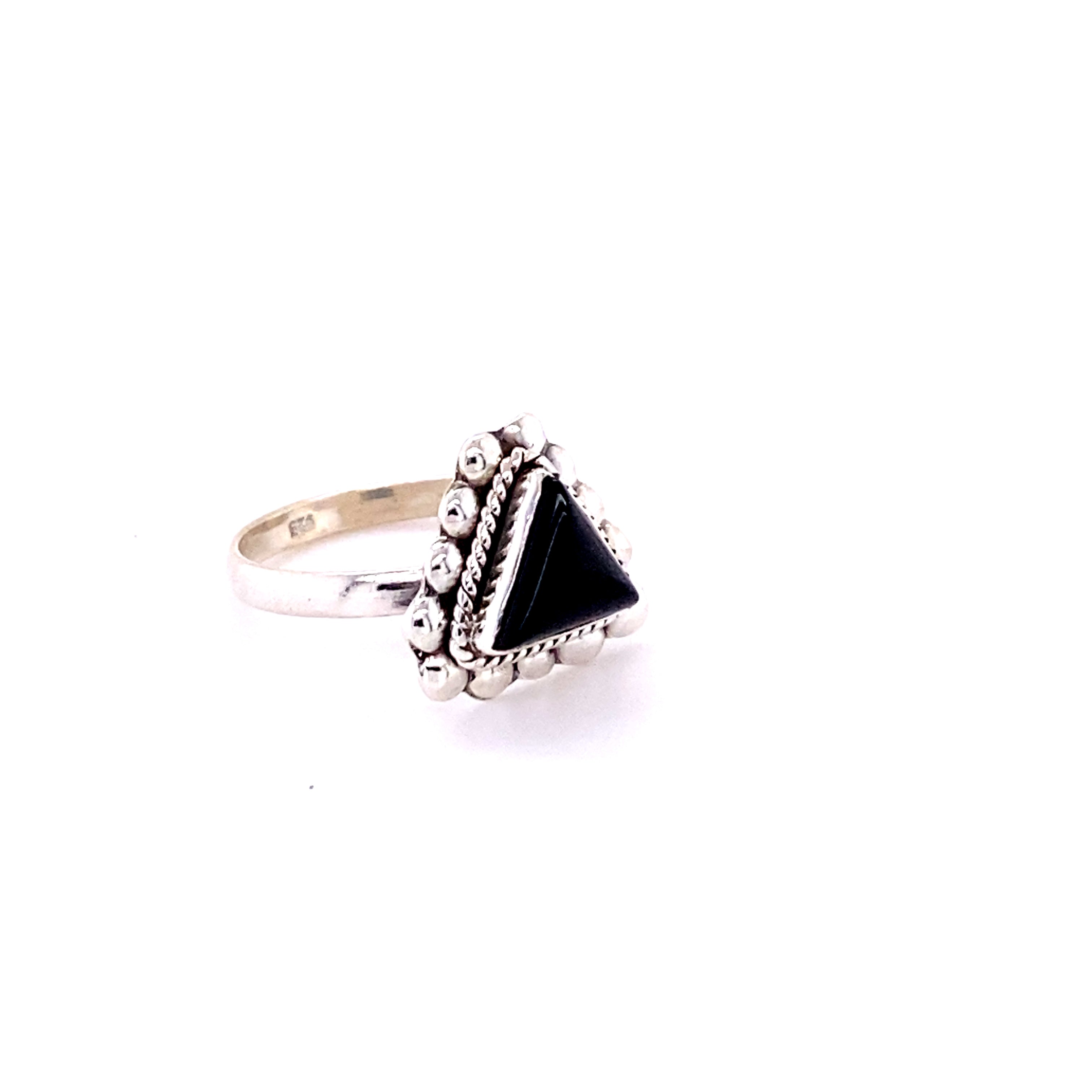 This Super Silver Triangle Gemstone Ring with Beads features a black onyx stone set in a silver bead setting.