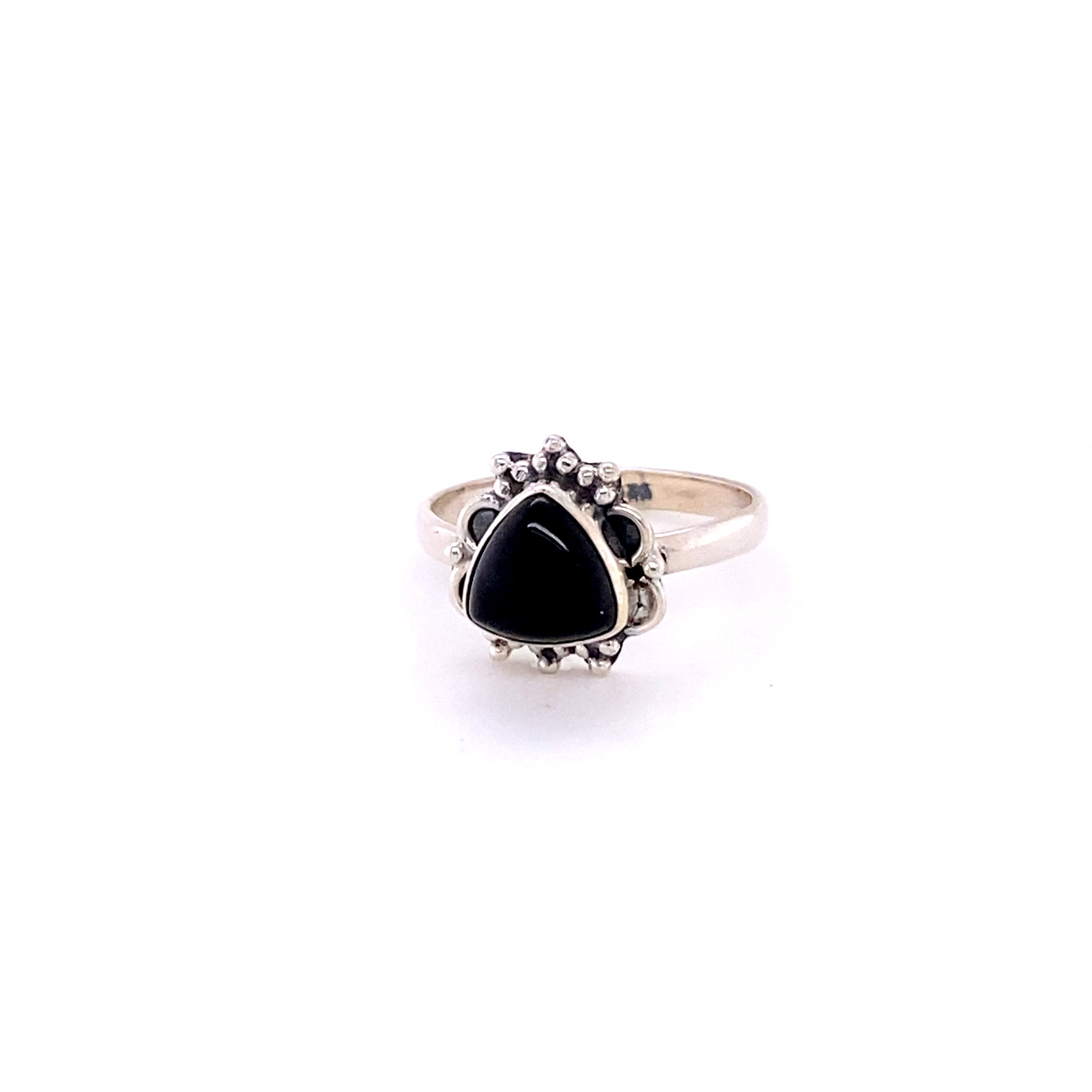 A Triangular Gemstone Ring with Frills on a white background.