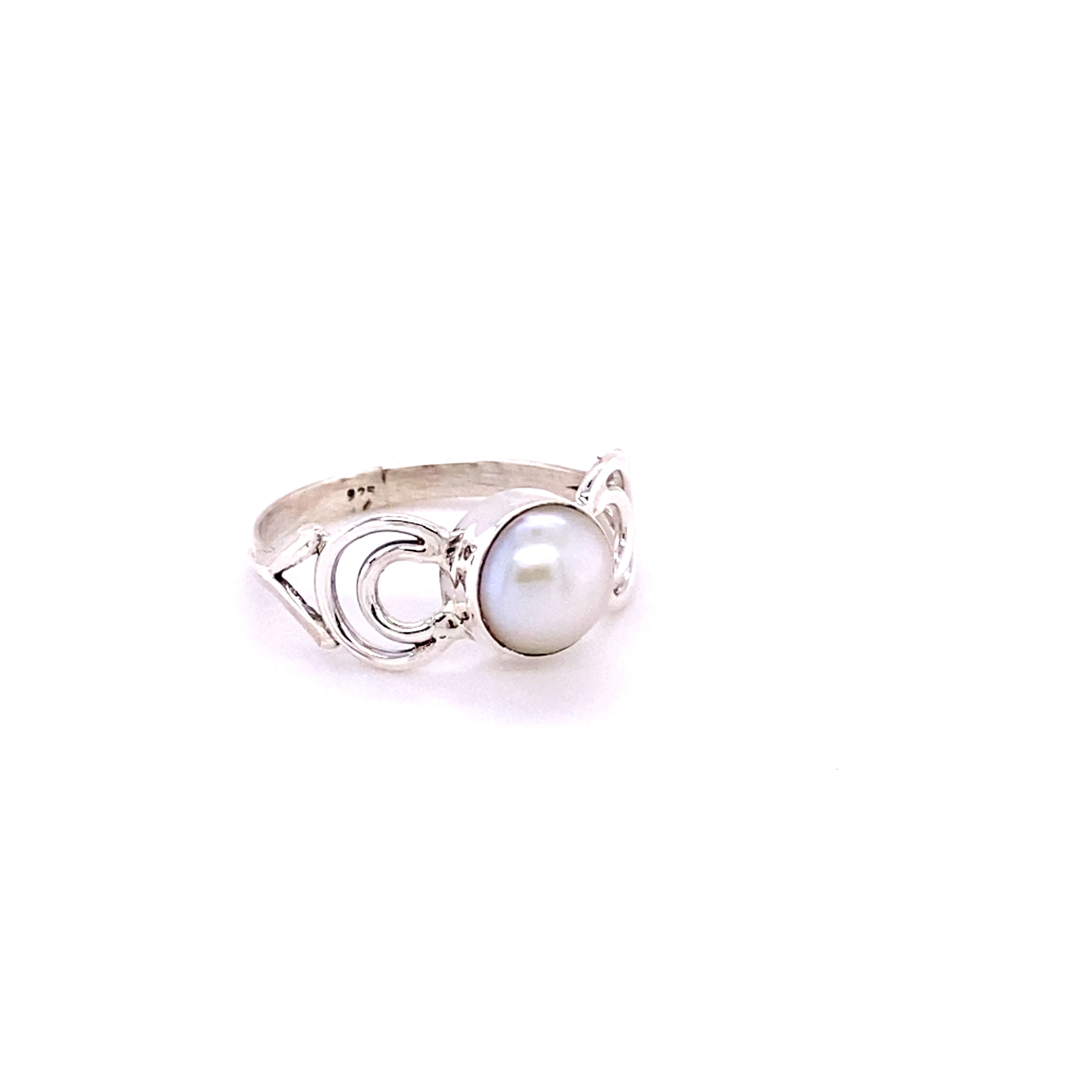 A Super Silver Oval Gemstone Ring with Moon Design on a white background.