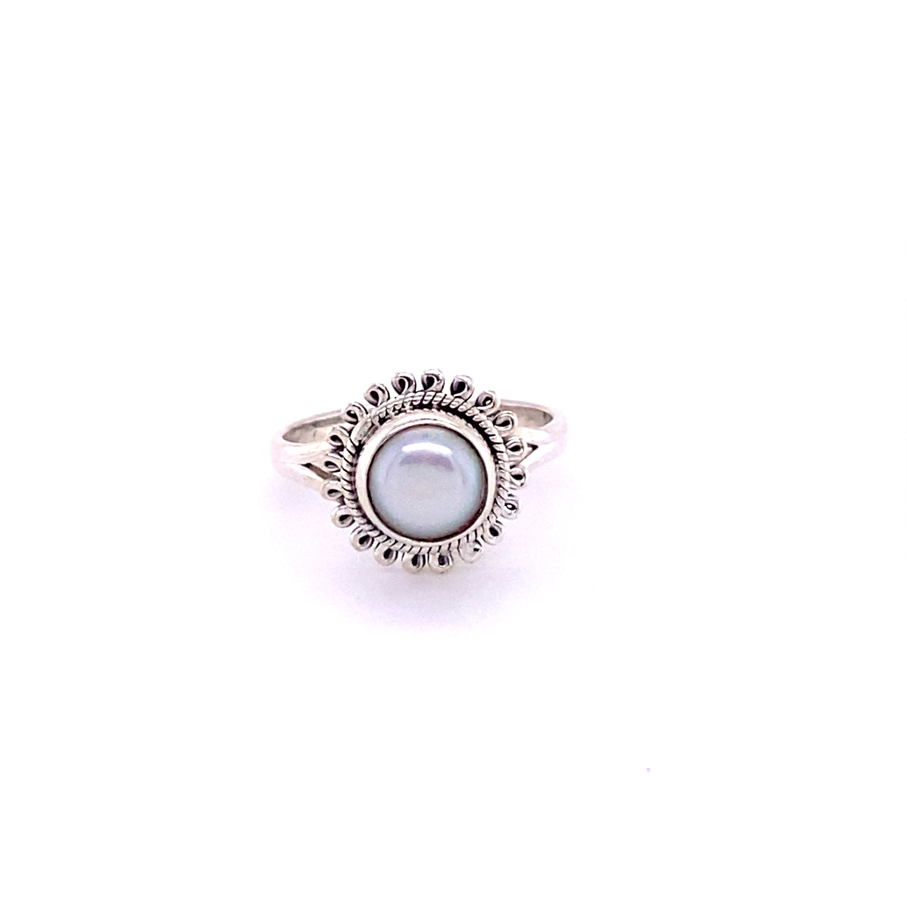 A Hippie-Chic Oval Gemstone Flower Ring with a pearl stone in the center, perfect for the Santa Cruz hippie vibes.