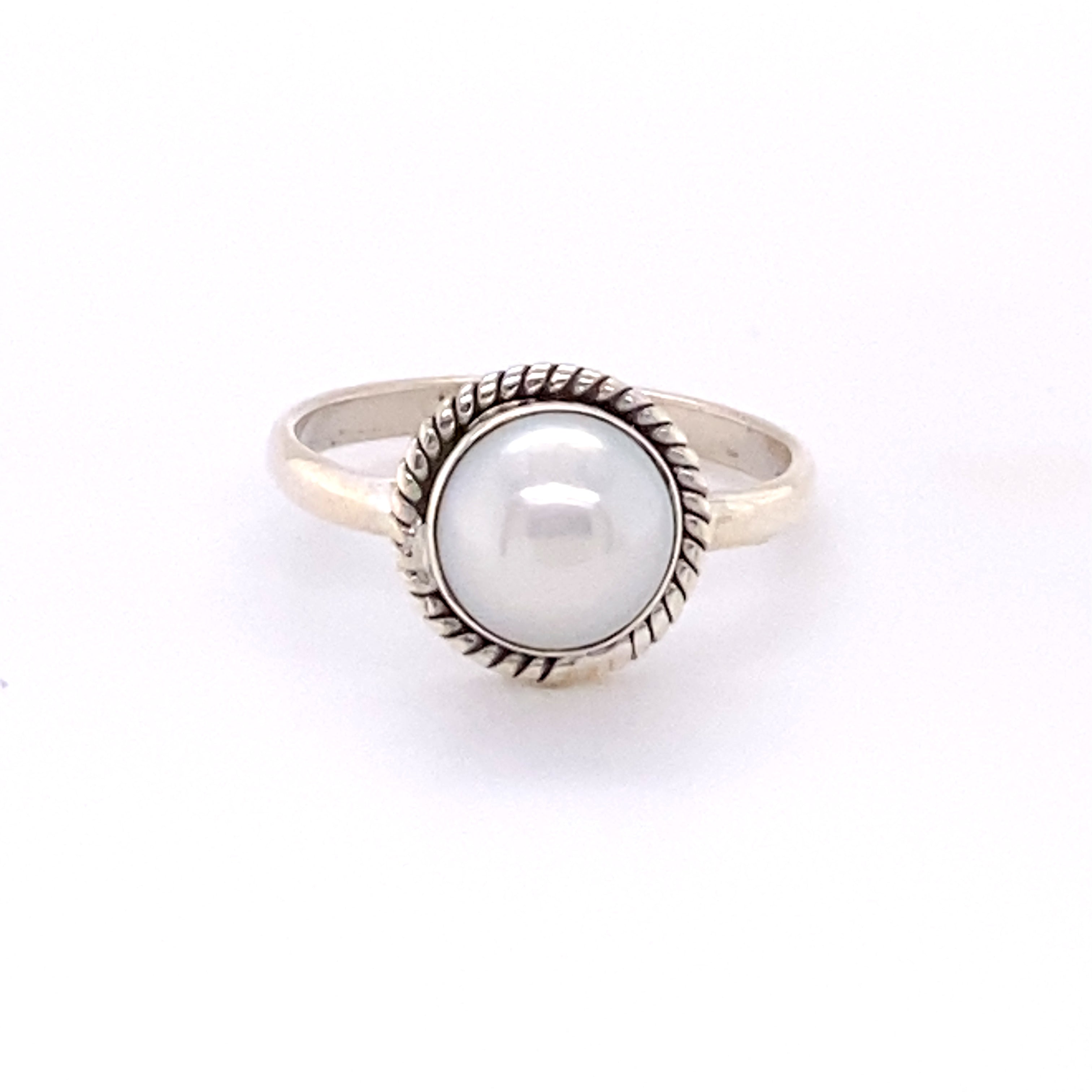 A Simple Round Gemstone Ring with Rope Border by Super Silver, featuring a white pearl, made of Sterling Silver, on a white background.
