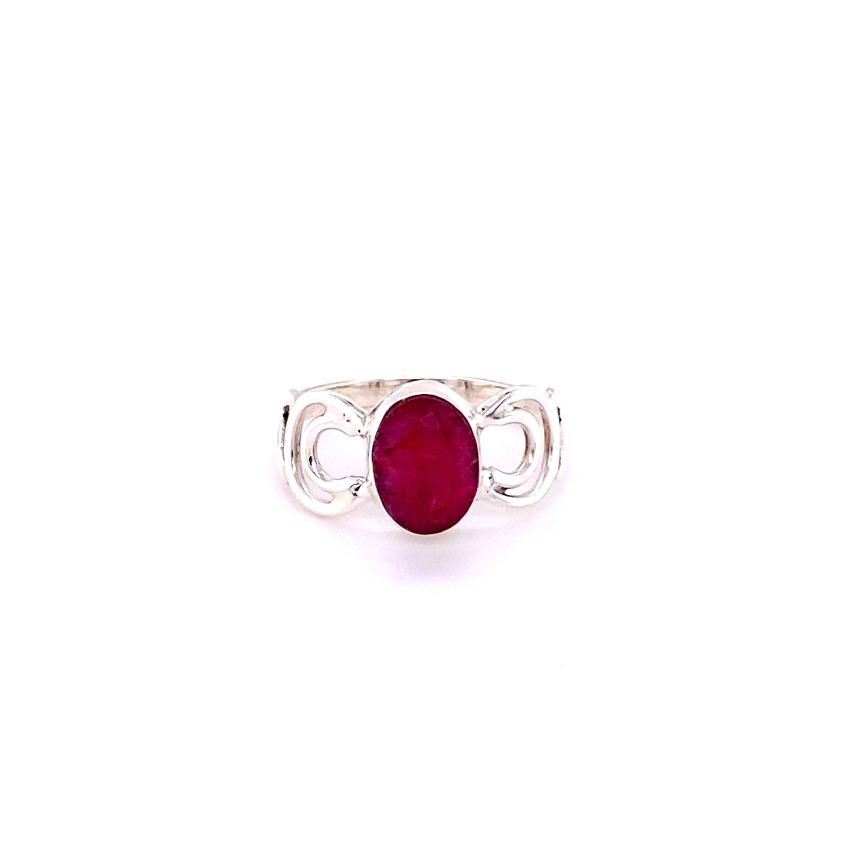 A Super Silver Oval Gemstone Ring with Moon Design with a natural ruby stone.