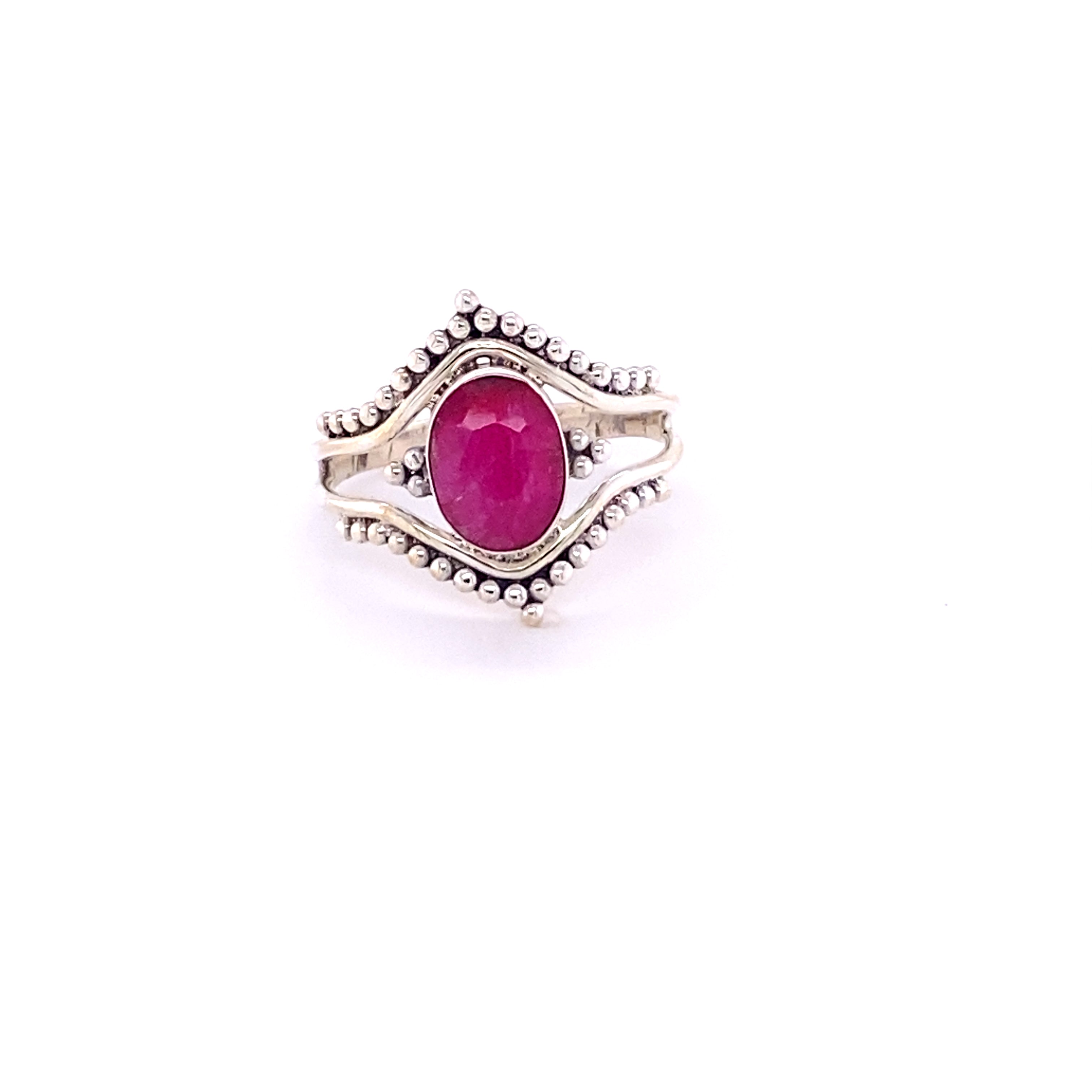 A Super Silver Double Chevron Gemstone Ring with Ball Design.
