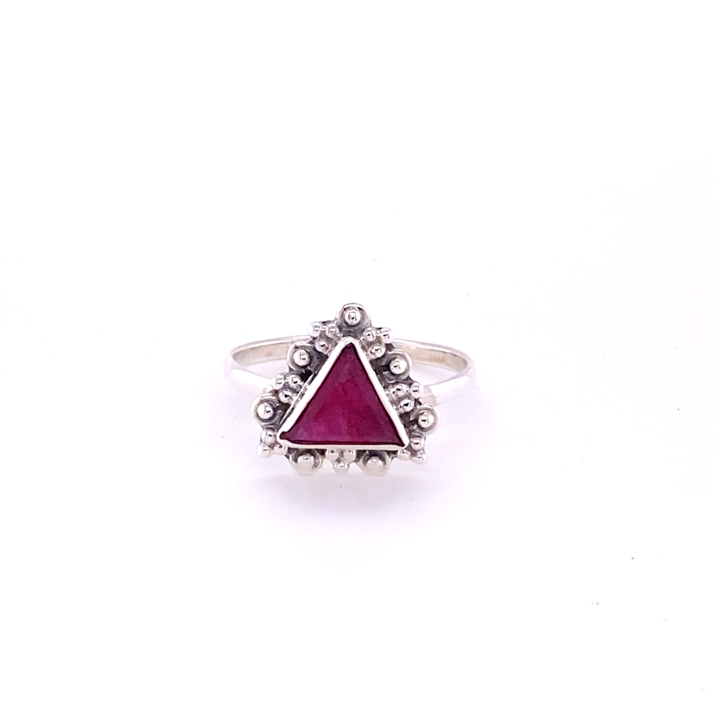 A Super Silver Delicate Gemstone Triangle Ring with a pink gemstone in the middle.