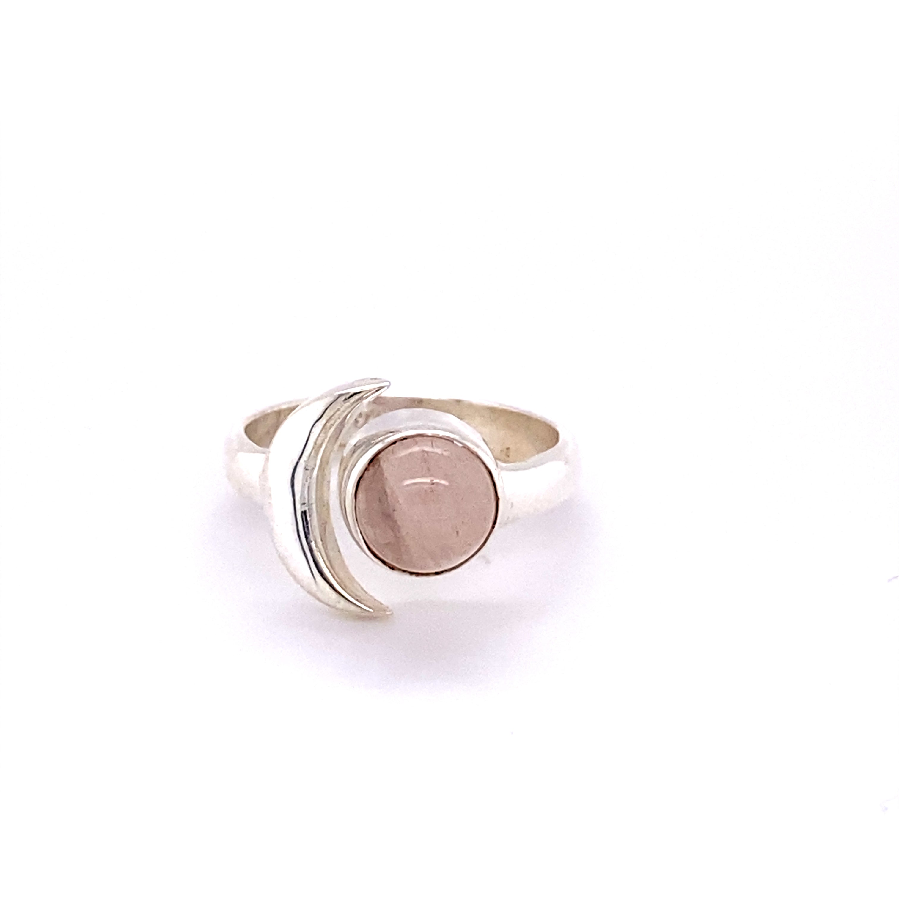 This Super Silver Crescent Moon Ring with Natural Gemstones features a pink gemstone set against a crescent moon, making it the perfect moon goddess ring.