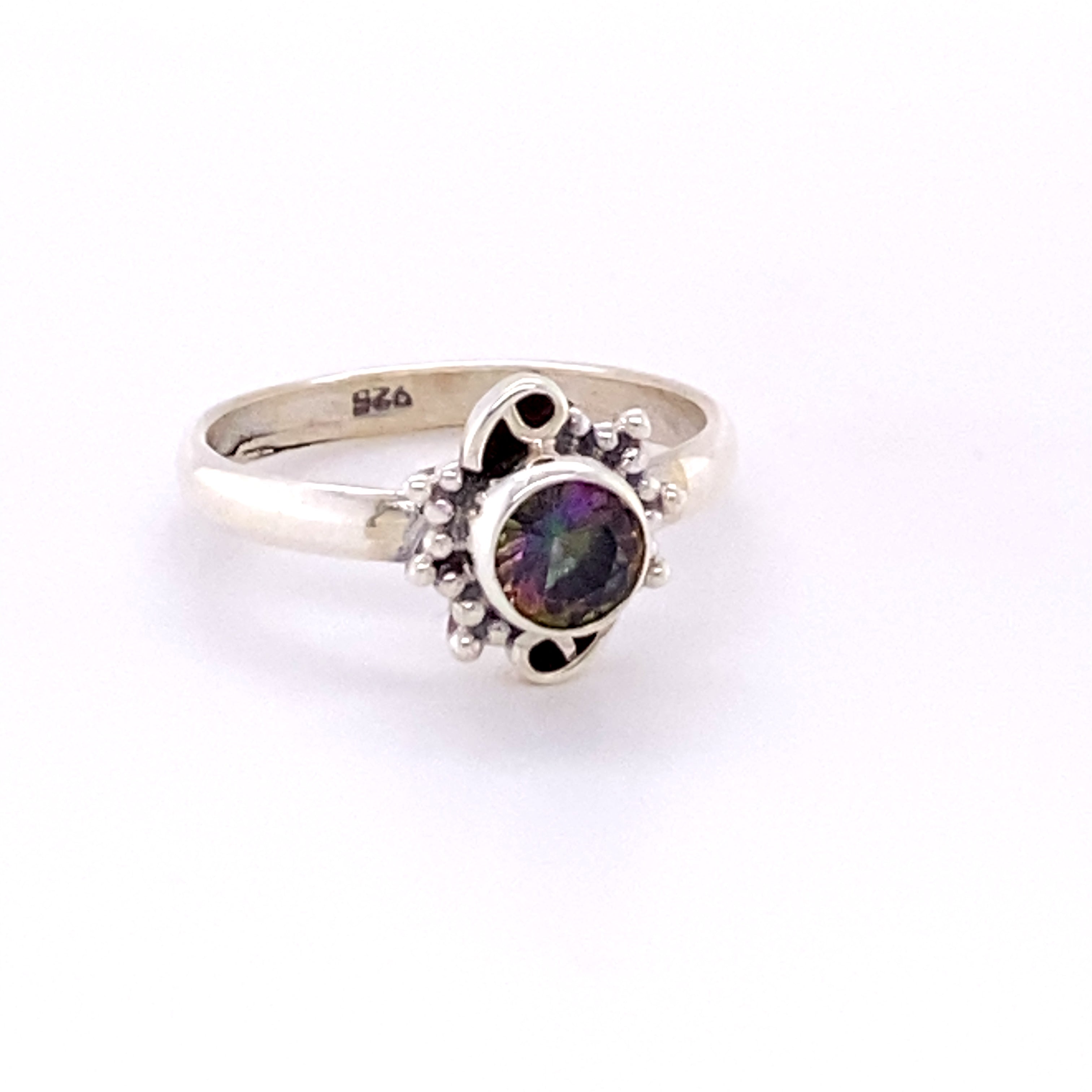 A boho Small Round Gemstone Ring with Bead and Swirl Border.