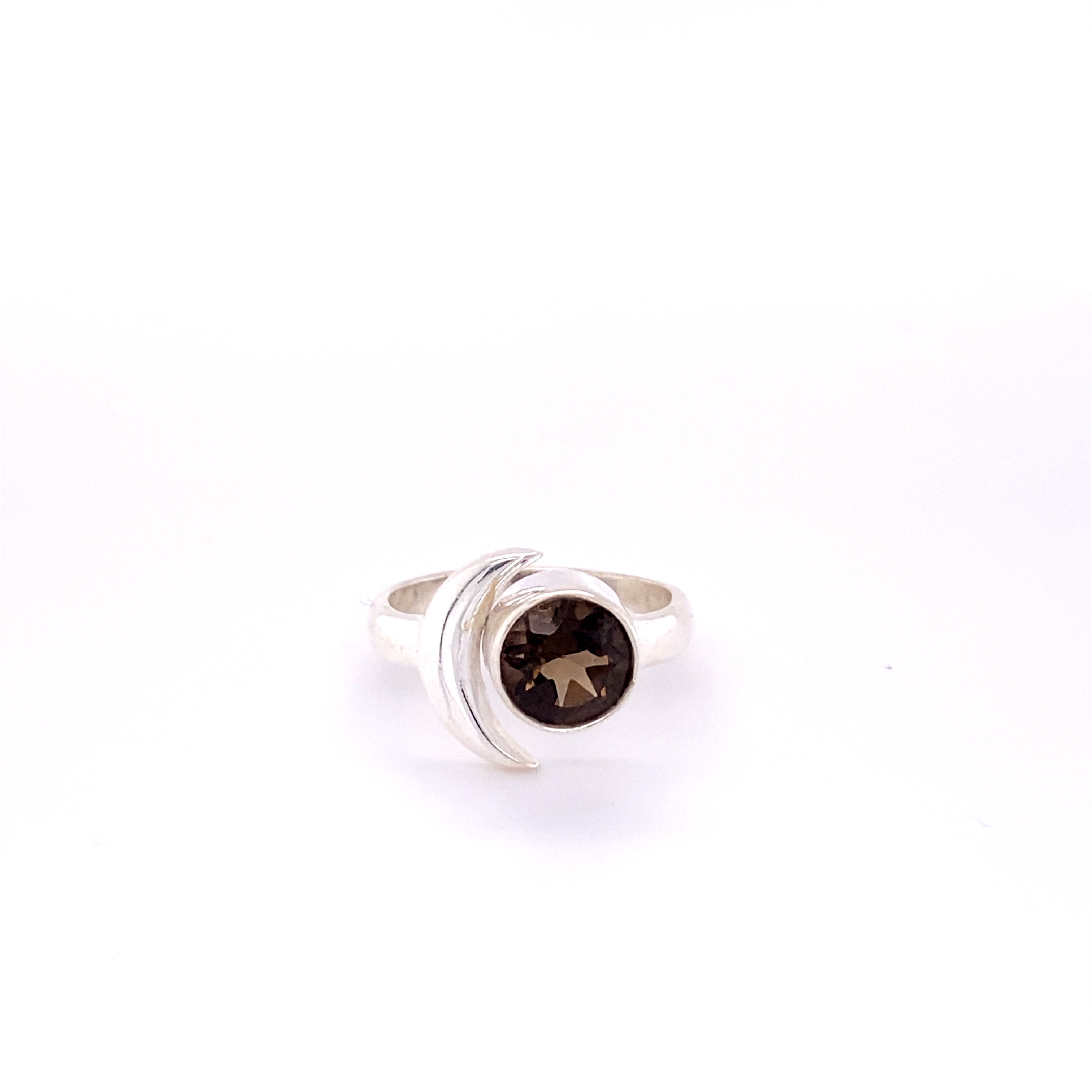 A Crescent Moon Ring with Natural Gemstones from Super Silver, featuring a smoky quartz gemstone set in .925 sterling silver.
