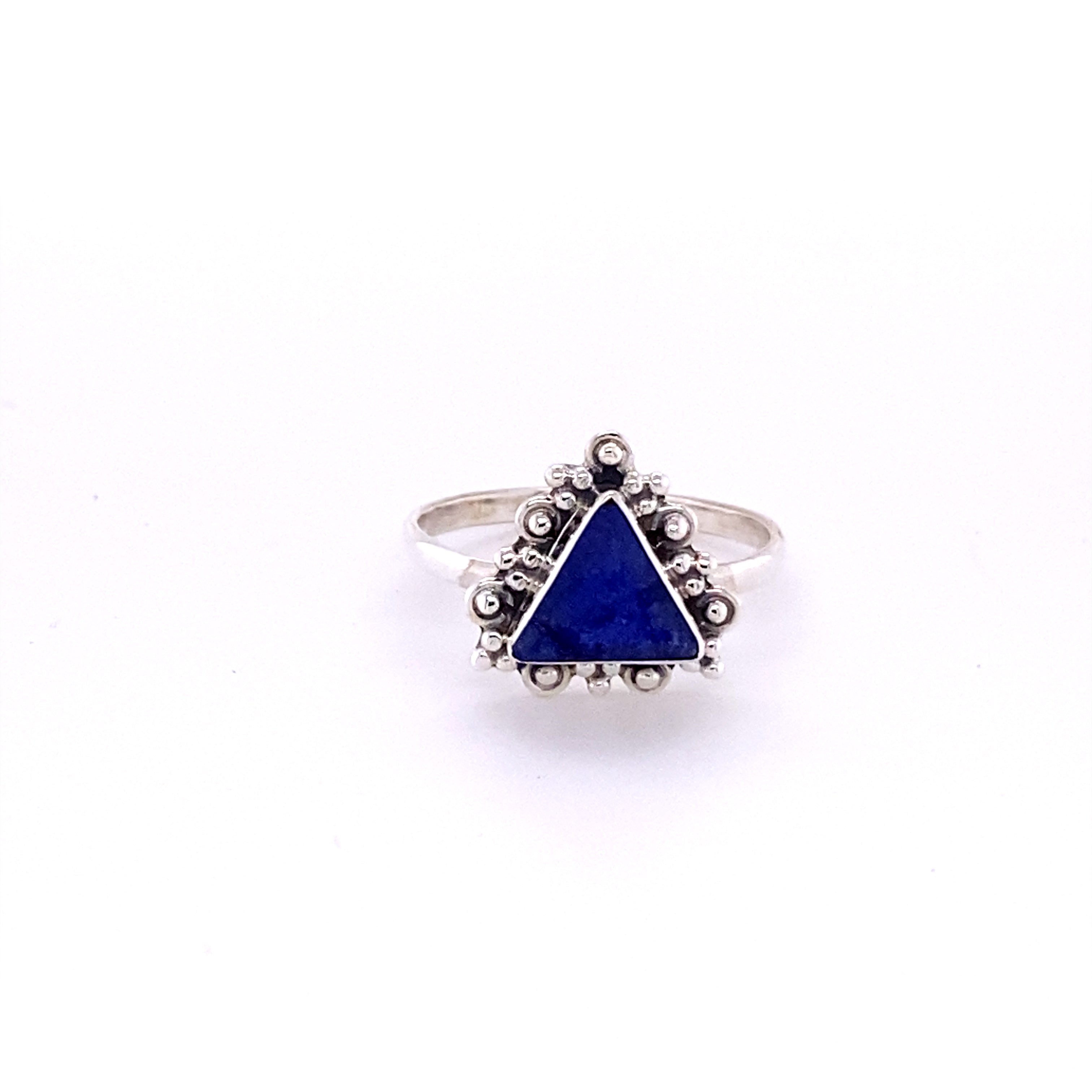 A Super Silver Delicate Gemstone Triangle Ring with a lapis lazuli stone and silver beads.