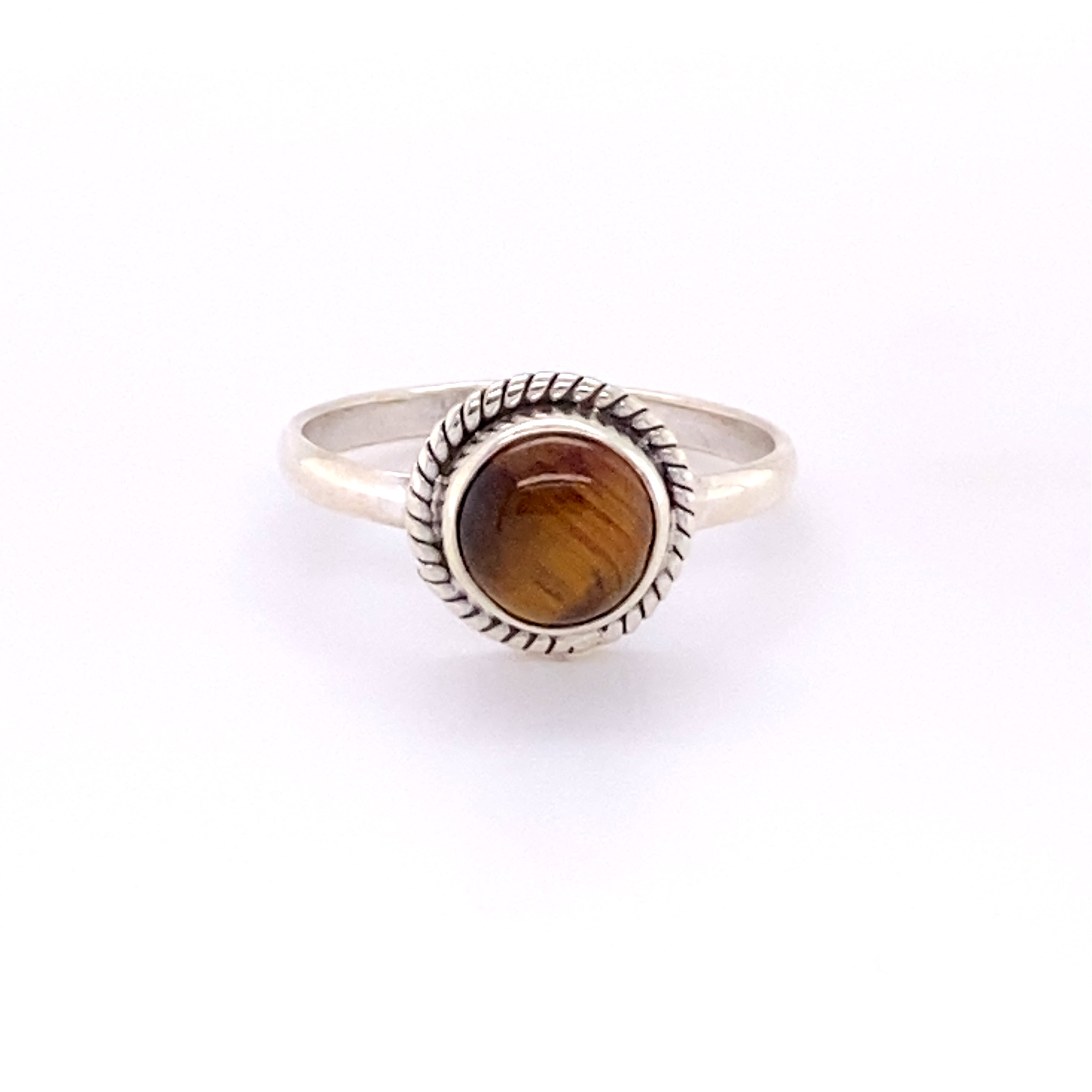 A boho-inspired Simple Round Gemstone Ring with Rope Border adorned with a captivating tiger eye stone.