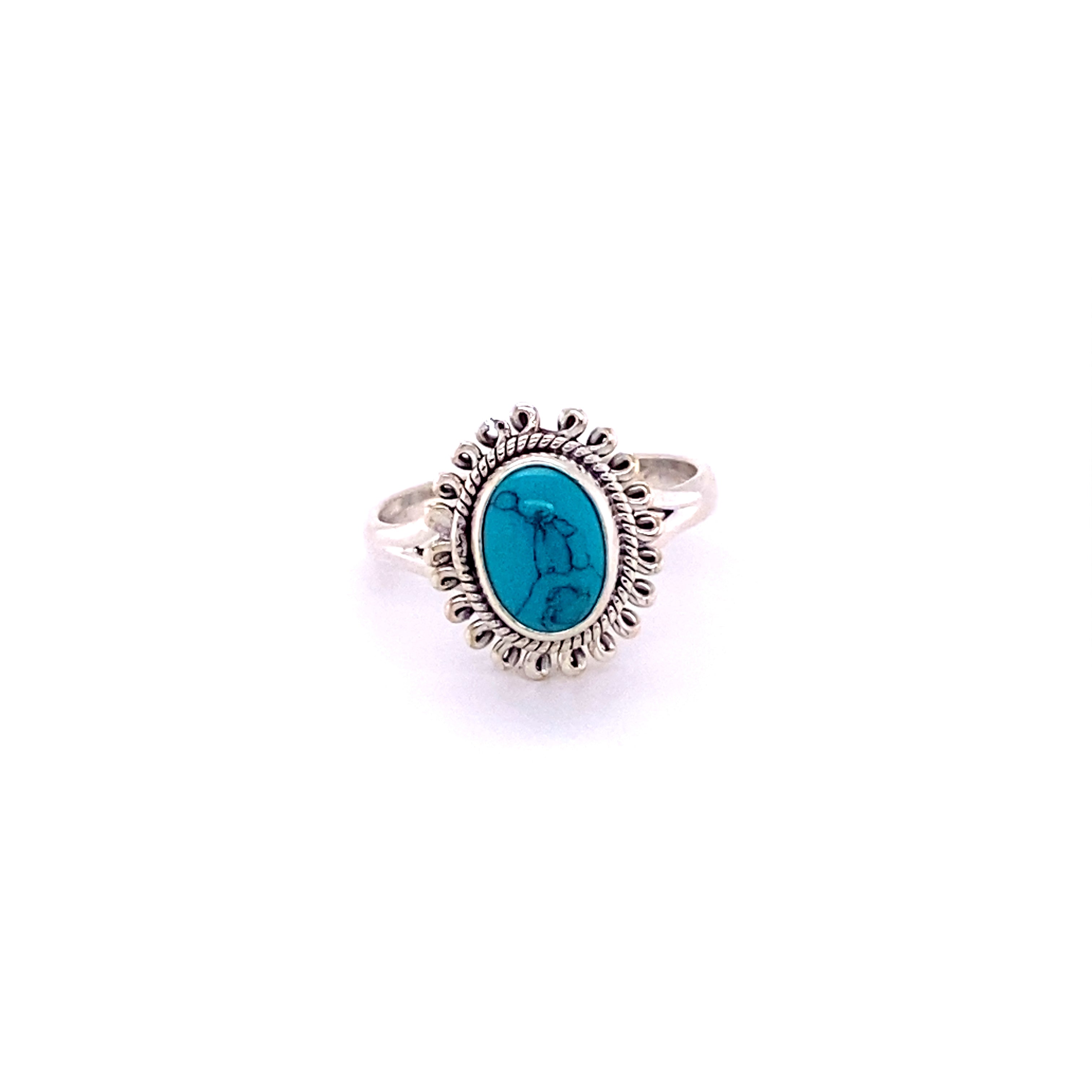 A Hippie-Chic Oval Gemstone Flower Ring with a turquoise cabochon stone.