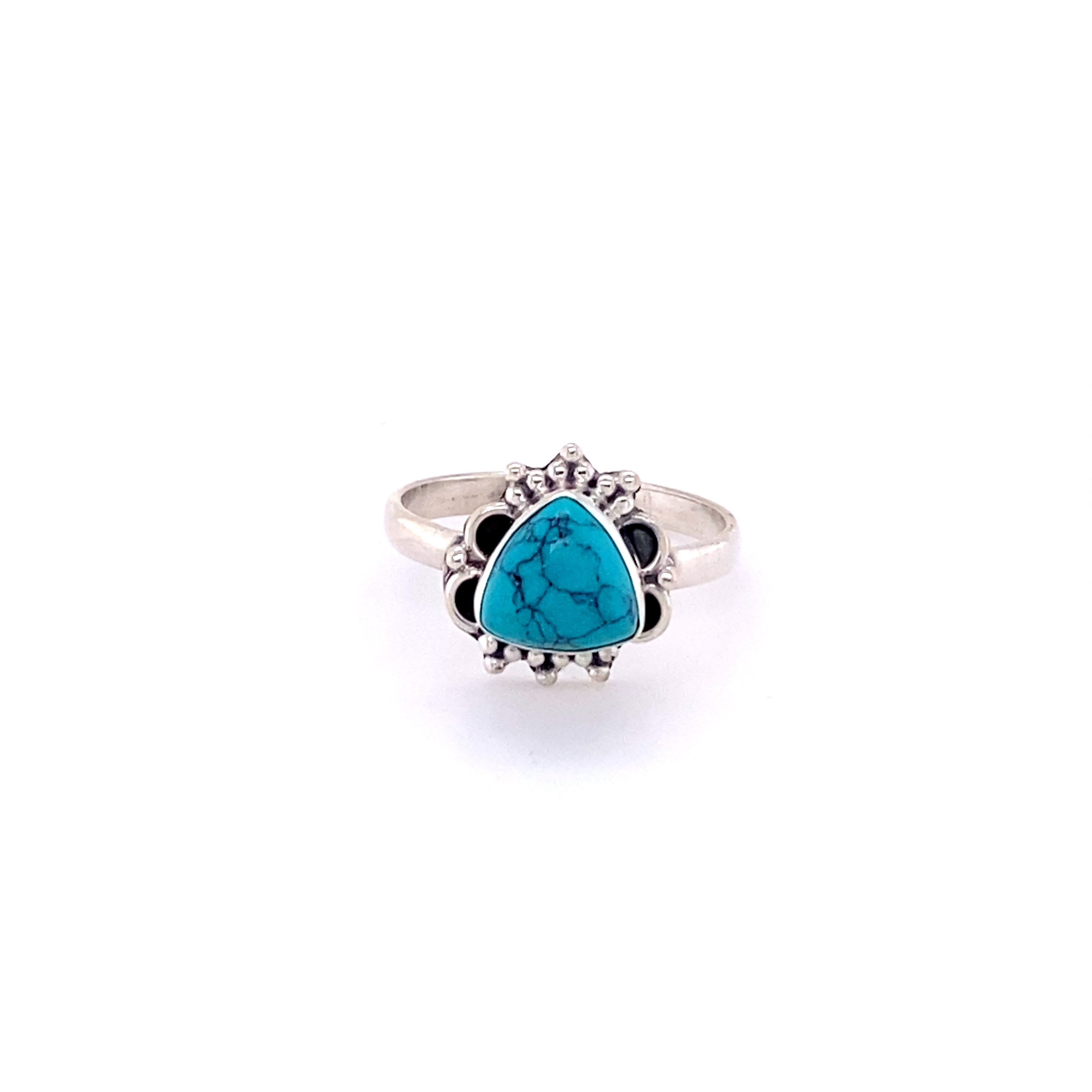 A Triangular Gemstone Ring with Frills by Super Silver, made of .925 Sterling Silver with a turquoise stone.